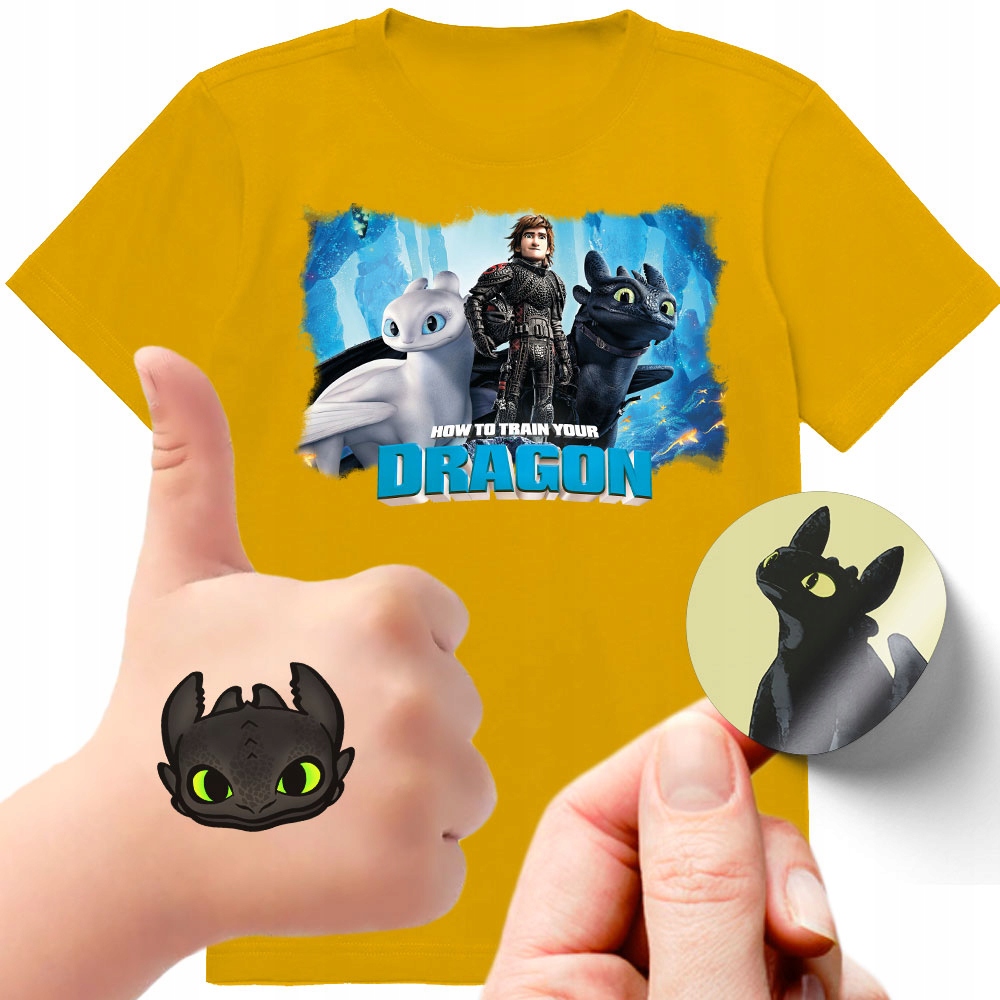 ZESTAW 3W1 KOSZULKA DLA DZIECI TATUAŻE NAKLEJKI JAK WYTRESOWAĆ SMOKA 116