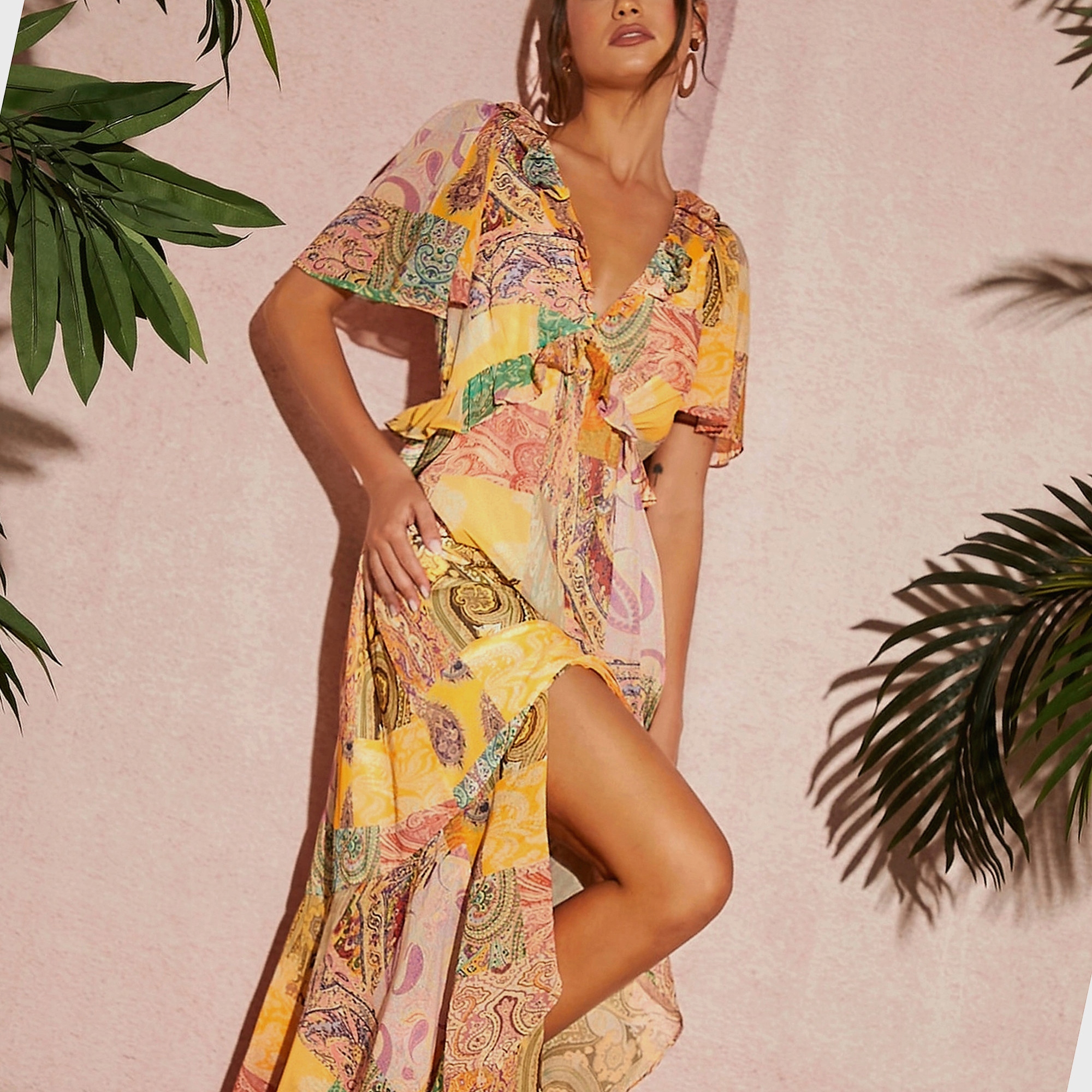 Šaty Bohemian Casual s volánky na kotníky Vzdušná Patchworková Xs 34