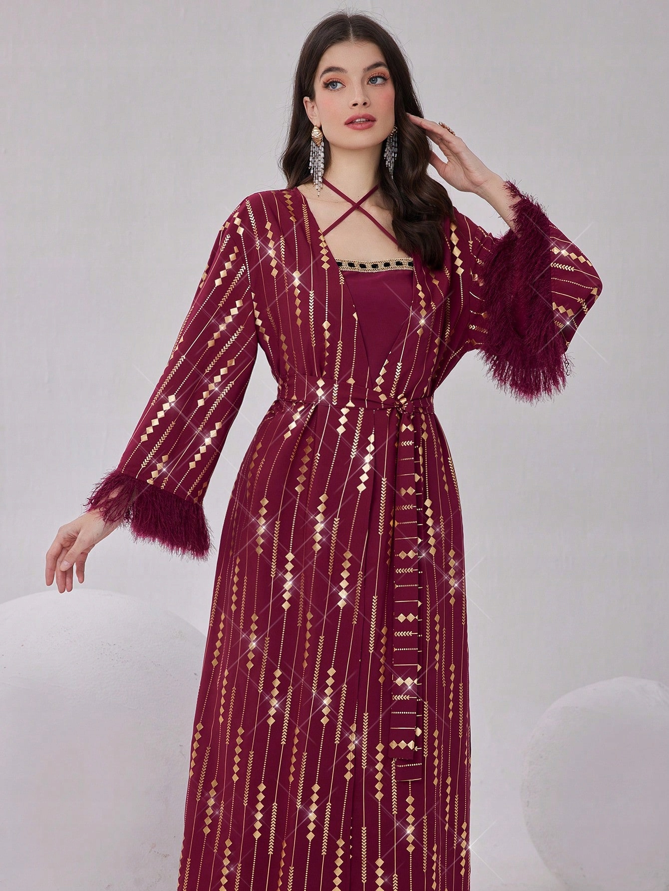 Šaty V Arabském Stylu Dvoudílná Vínově Zlatá M 38