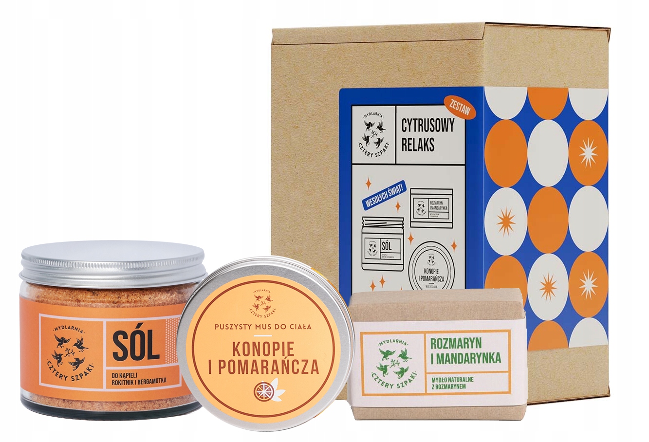 Zestaw Kosmetyków Naturalnych Cytrusowy Relaks Sól Mydło Mus Cztery Szpaki