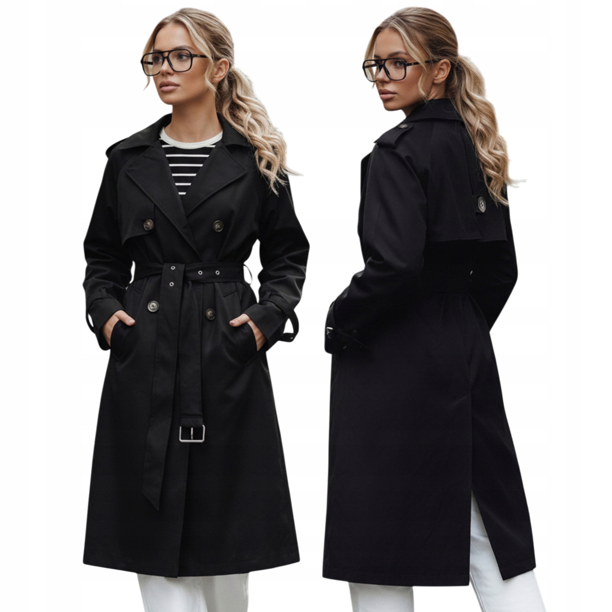 Płaszcz damski przejściowy dwurzędowy trencz czarny TY5354 M