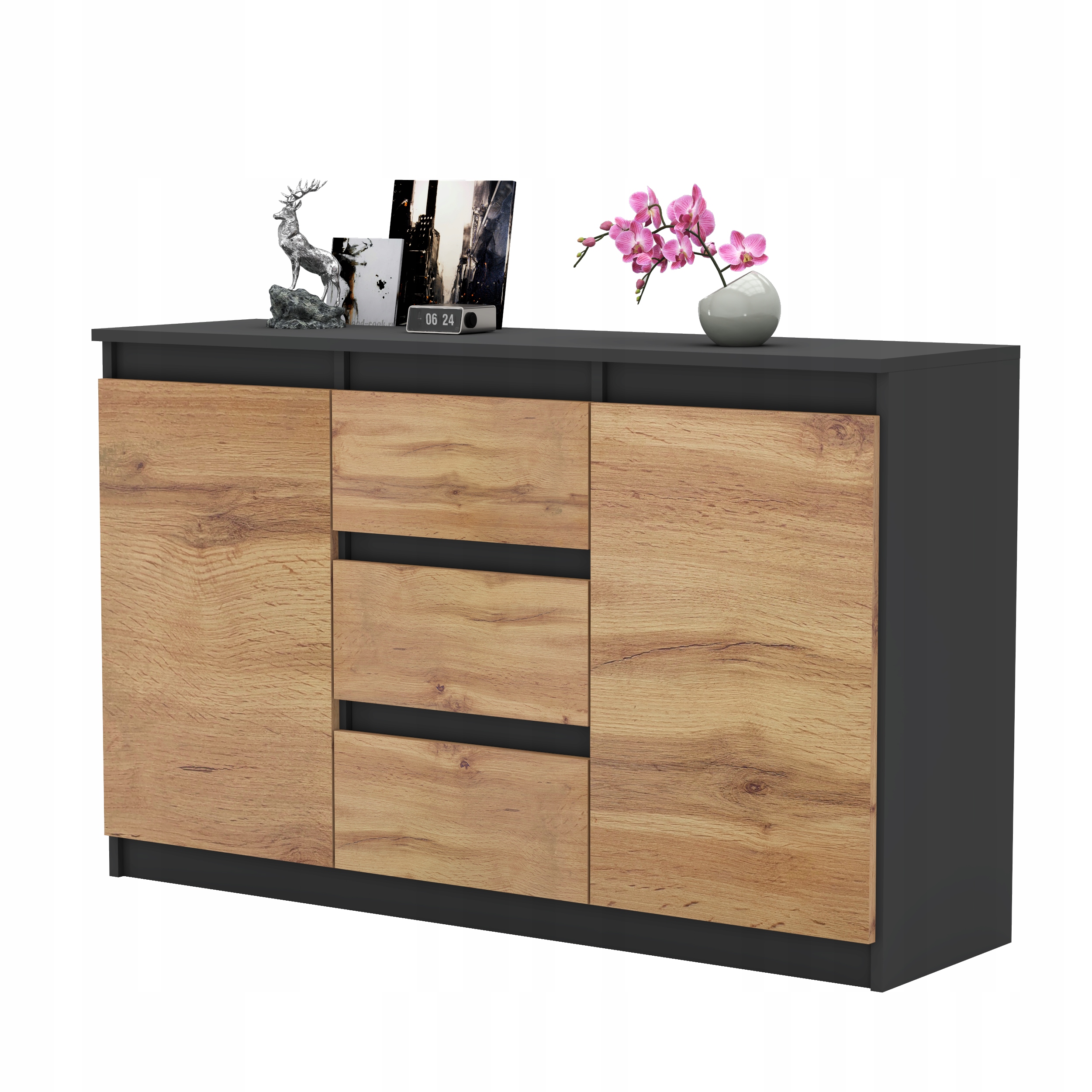 Komoda AGA 120CM ANTRACYT/DĄB WOTAN Pojemna Szafka 3 Szuflady MIX KOLORÓW Szerokość mebla 120 cm