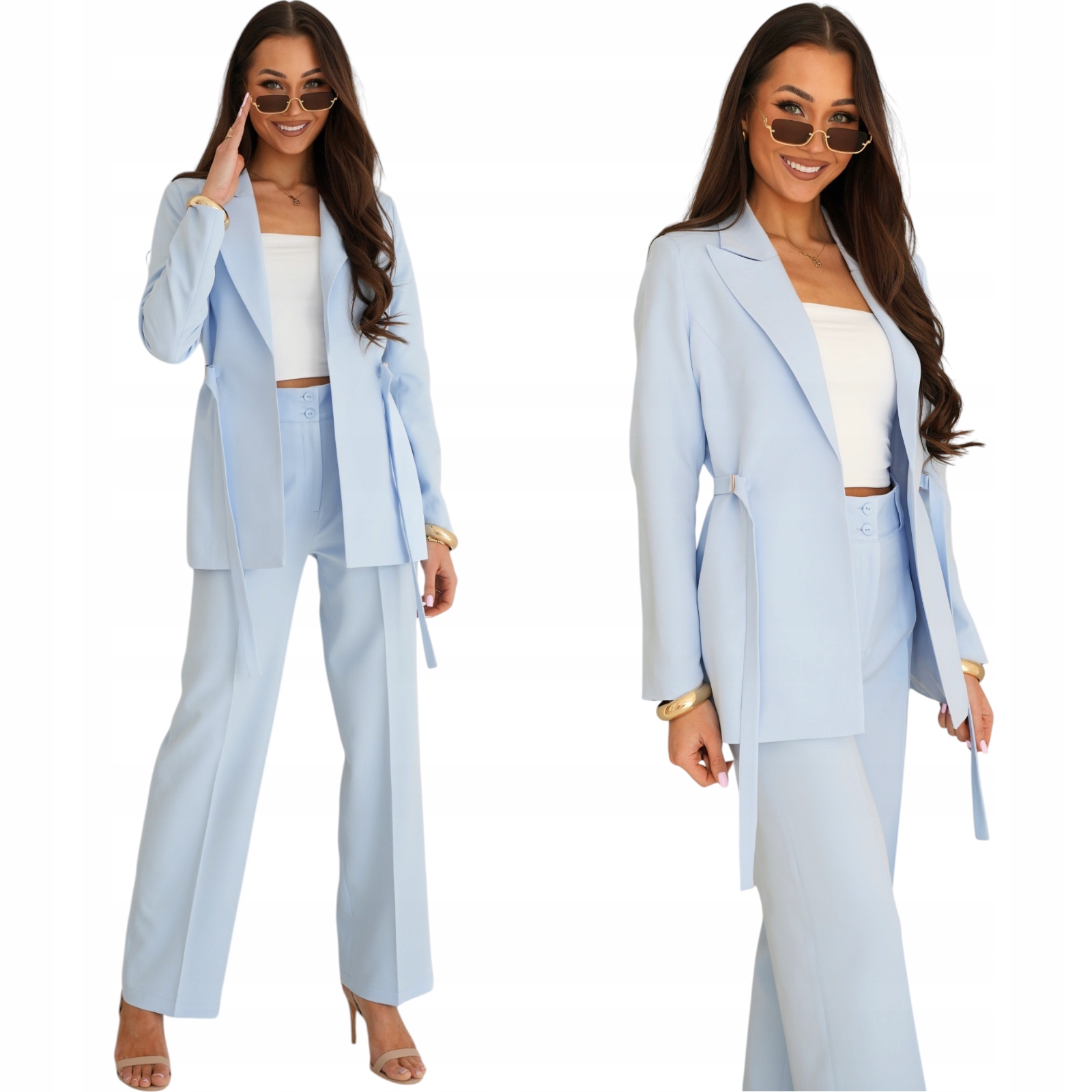 Elegantní dámský komplet obleku Sako Kalhoty Polská výroba Světle Modrá