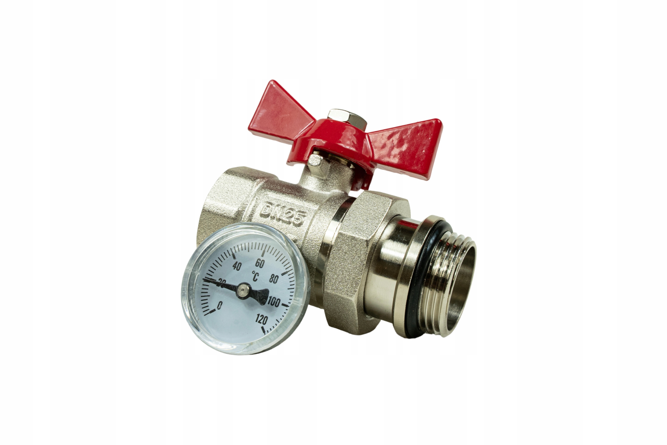 Kulový Kohout 1" Palcový DN25 S Teploměrem, Poniklovaný, Červený