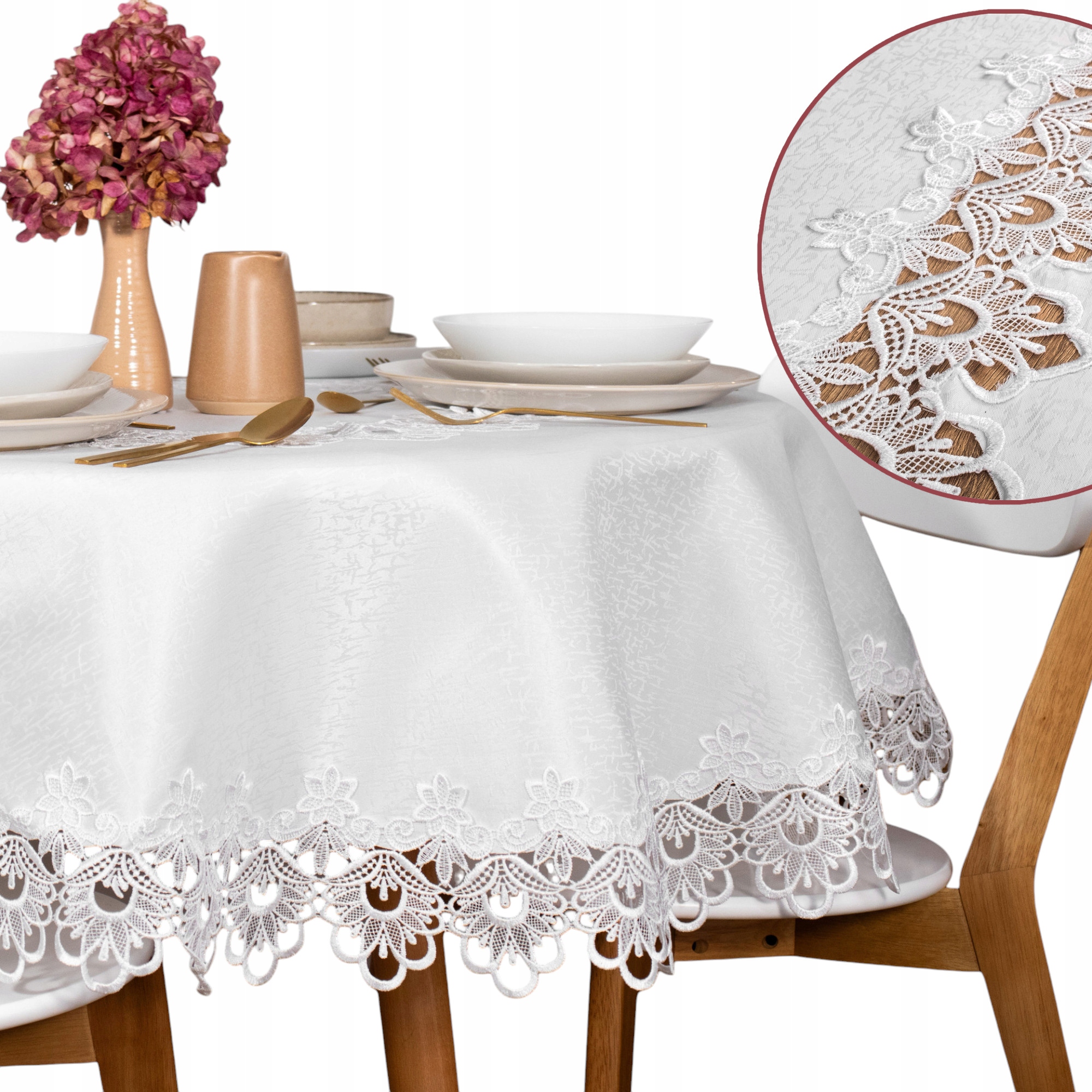 Obrus okrągły Plamoodporny na stół Biały 150x150 z gipiurą Koło