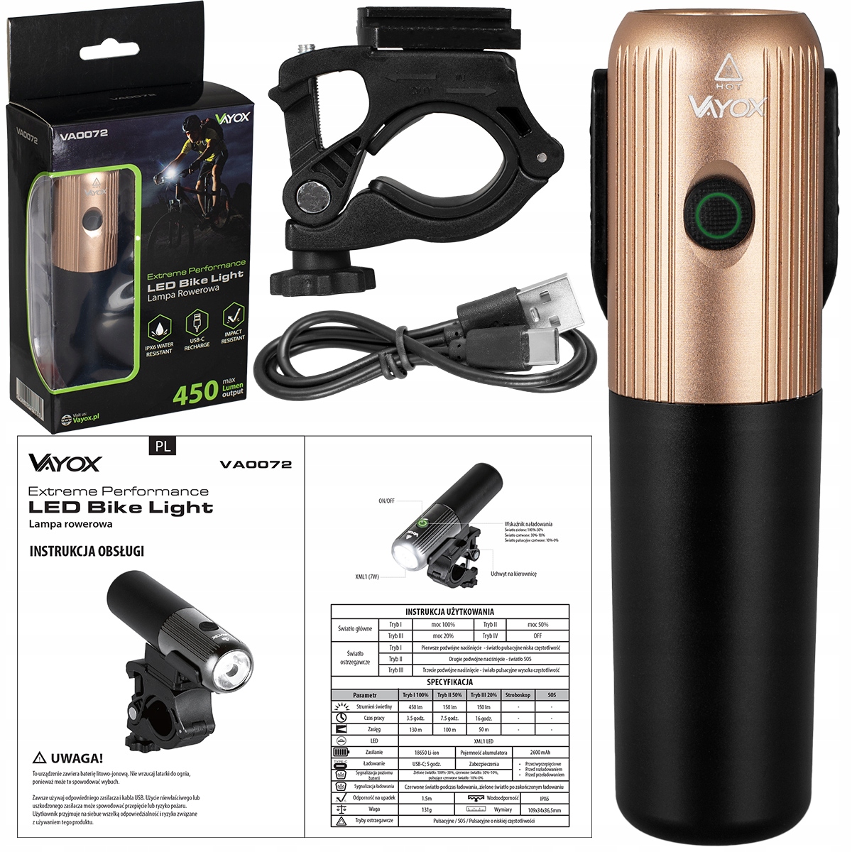 LAMPKA ROWEROWA PRZÓD LED USB-C OŚWIETELNIE ROWEROWE PRO METAL IPX6 VAYOX Kod producenta VA0072