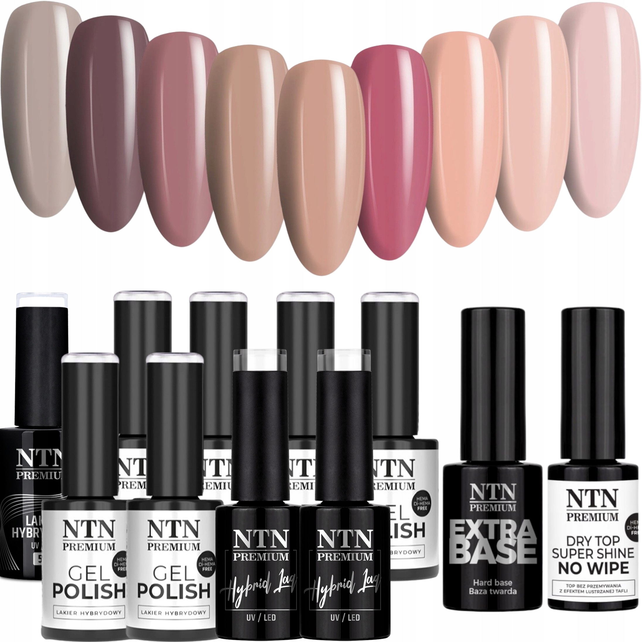 9x Lakier Hybrydowy Ntn Topless Collection Baza Top Zestaw Brązowy