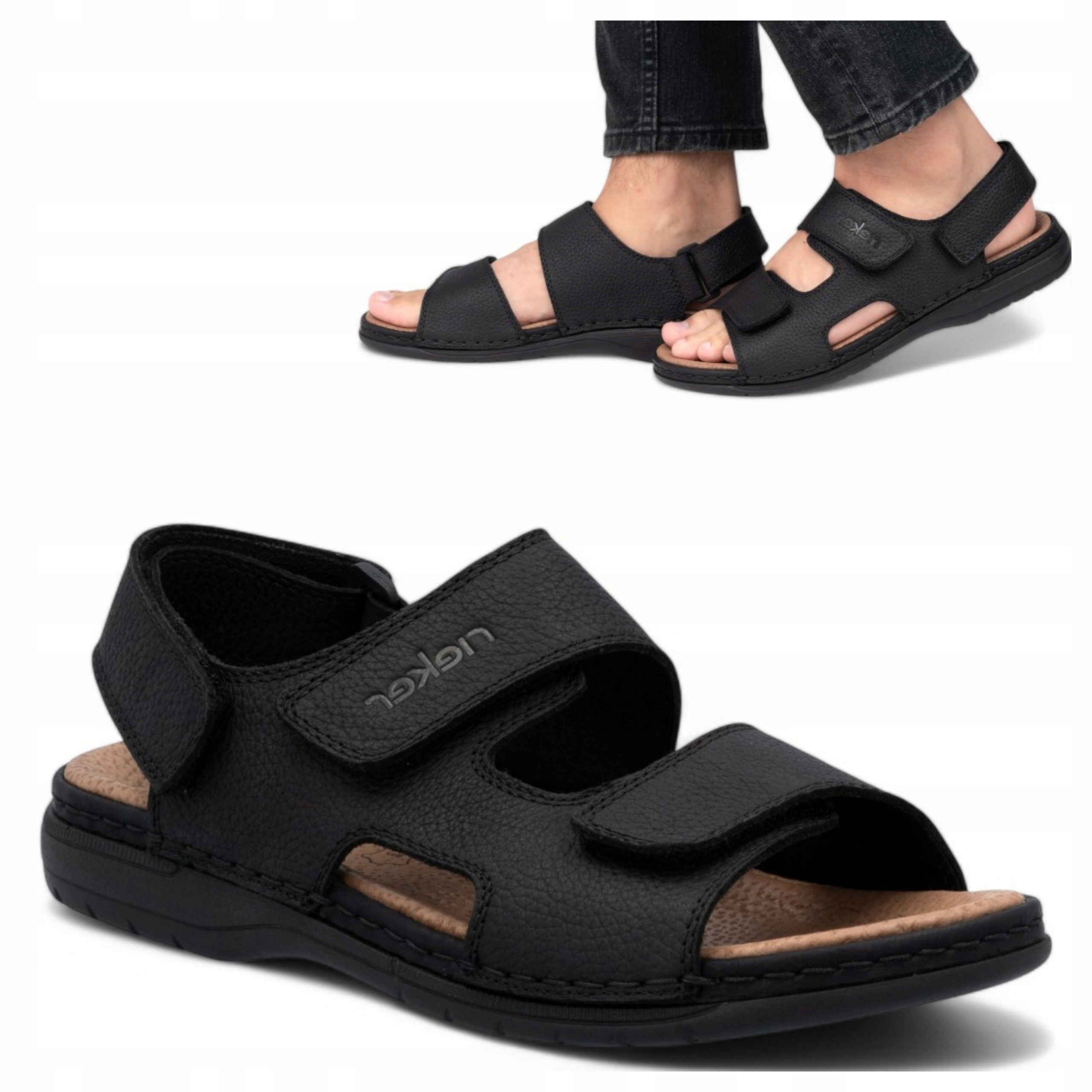 Pánské kožené sandály 44 Rieker Sportovní na suchý zip, černé