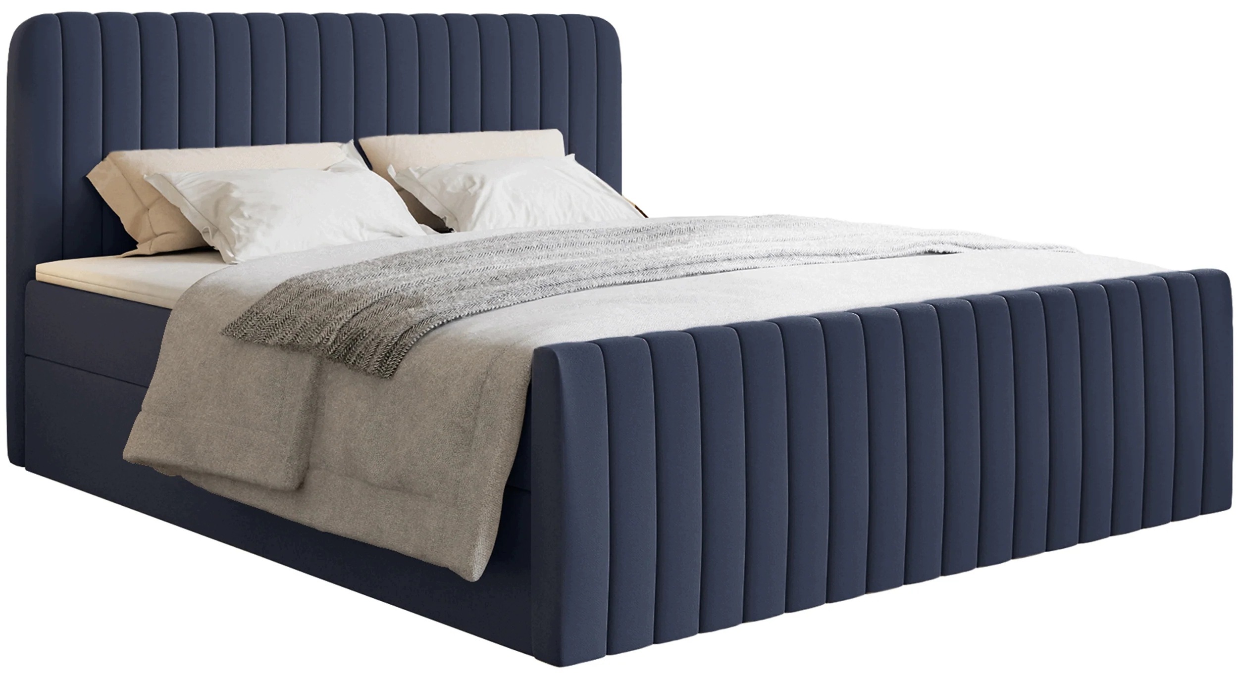 Kontinentální postel 200x200 cm Saliano s úložným prostorem a topperem, tmavě modrá žinylka