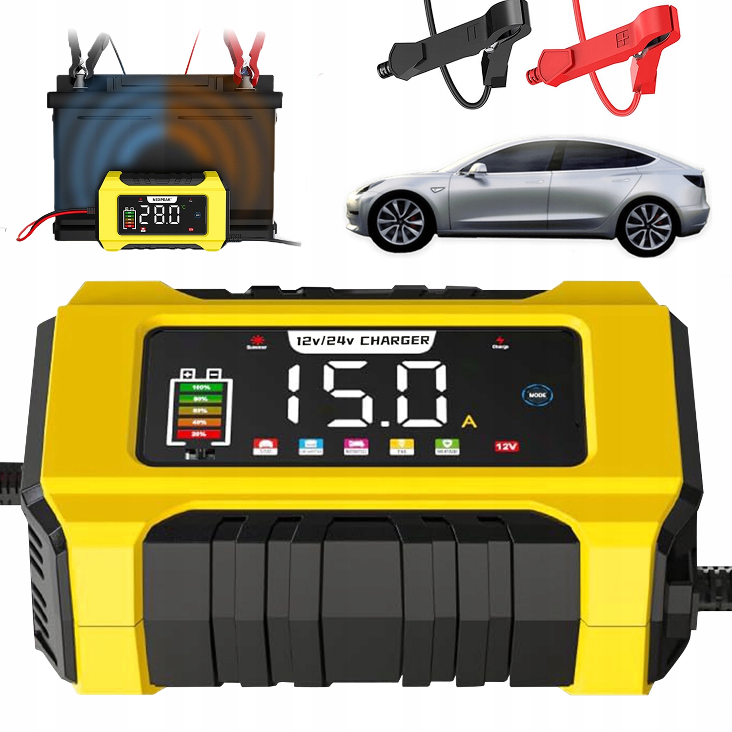Nabíječka Akumulátoru 12V 15A 24V 8A S LCD Displejem Do Auta