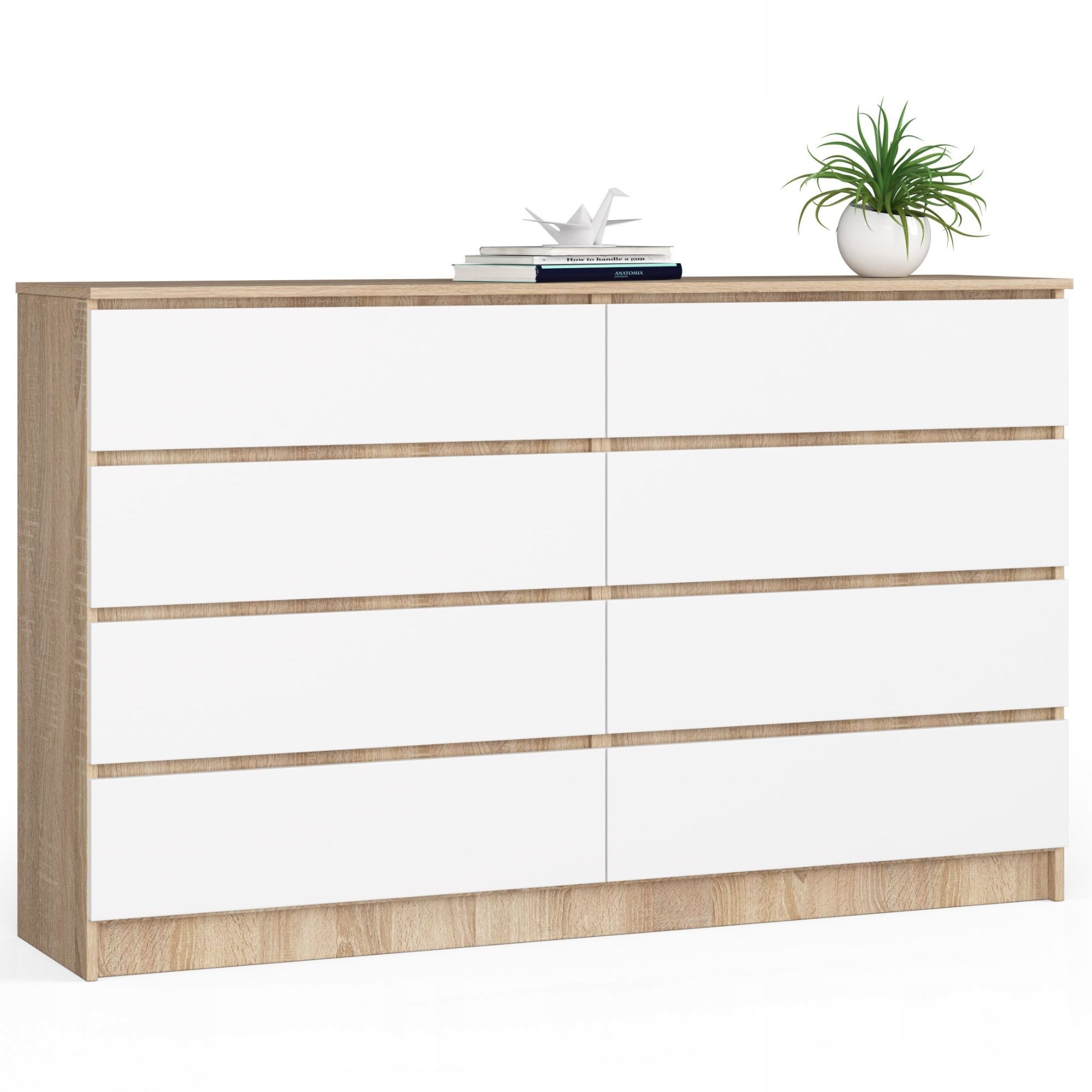 Komoda do salonu bezuchwytowa szafka 160 cm 8 szuflad duża Dąb Sonoma Biała