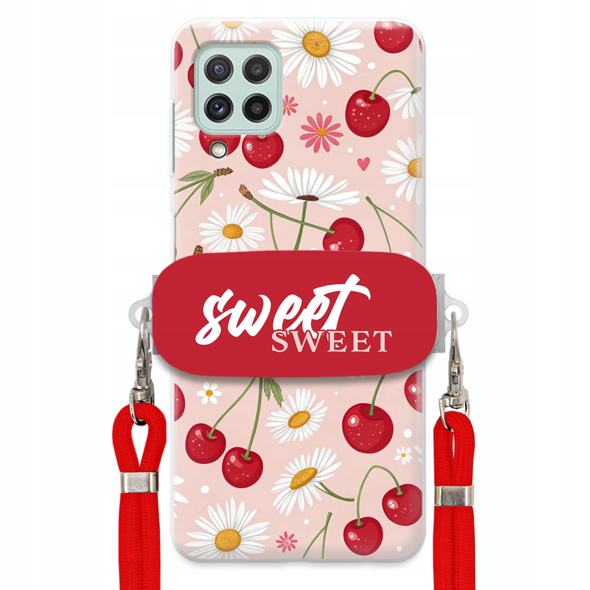 Pouzdro pro Samsung M22 4G Červené vodítko držák Crossbody Sweet Višňový Květ