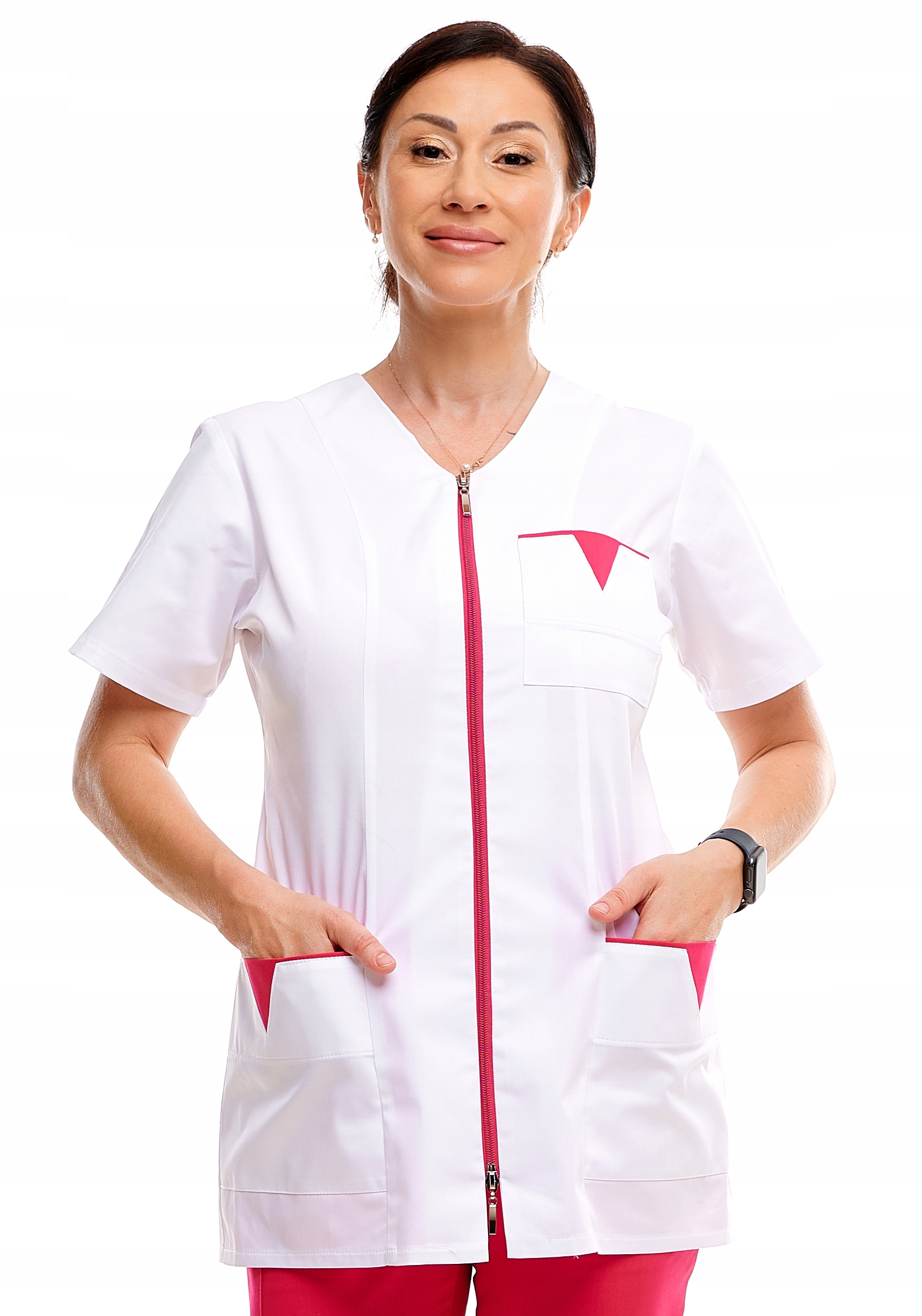 Fartuch Medyczny Roz. 48 Garsonka rozpinana Biała Różowy Zamek Dwustronny