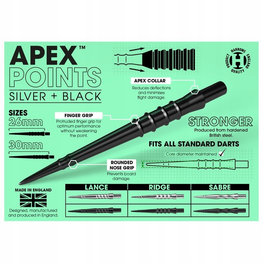 Końcówki steeltip Harrows APEX RIDGE silver 26 mm Rodzaj groty