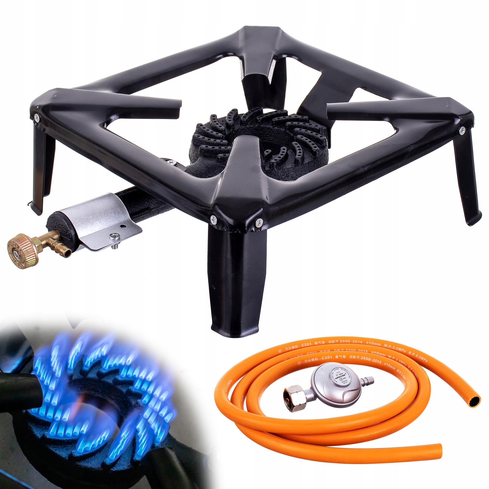 Plynový Hořák Litinová Stolička Sporák 40x40cm 8kW Set Hadice Reduktor