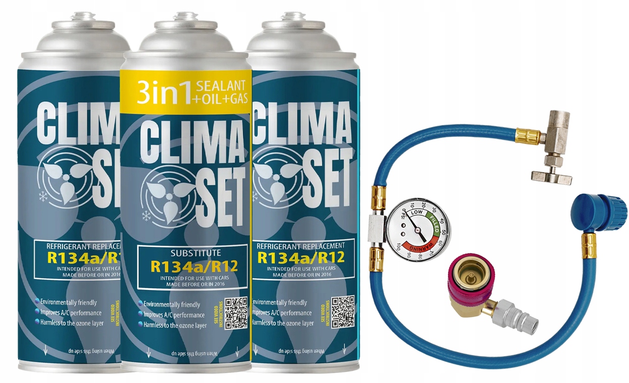 CZYNNIK CLIMASET 3W1 + 4X GAZ R134A DO KLIMATYZACJI Z PRZEWODEM I ADAPTEREM Producent ClimaSet