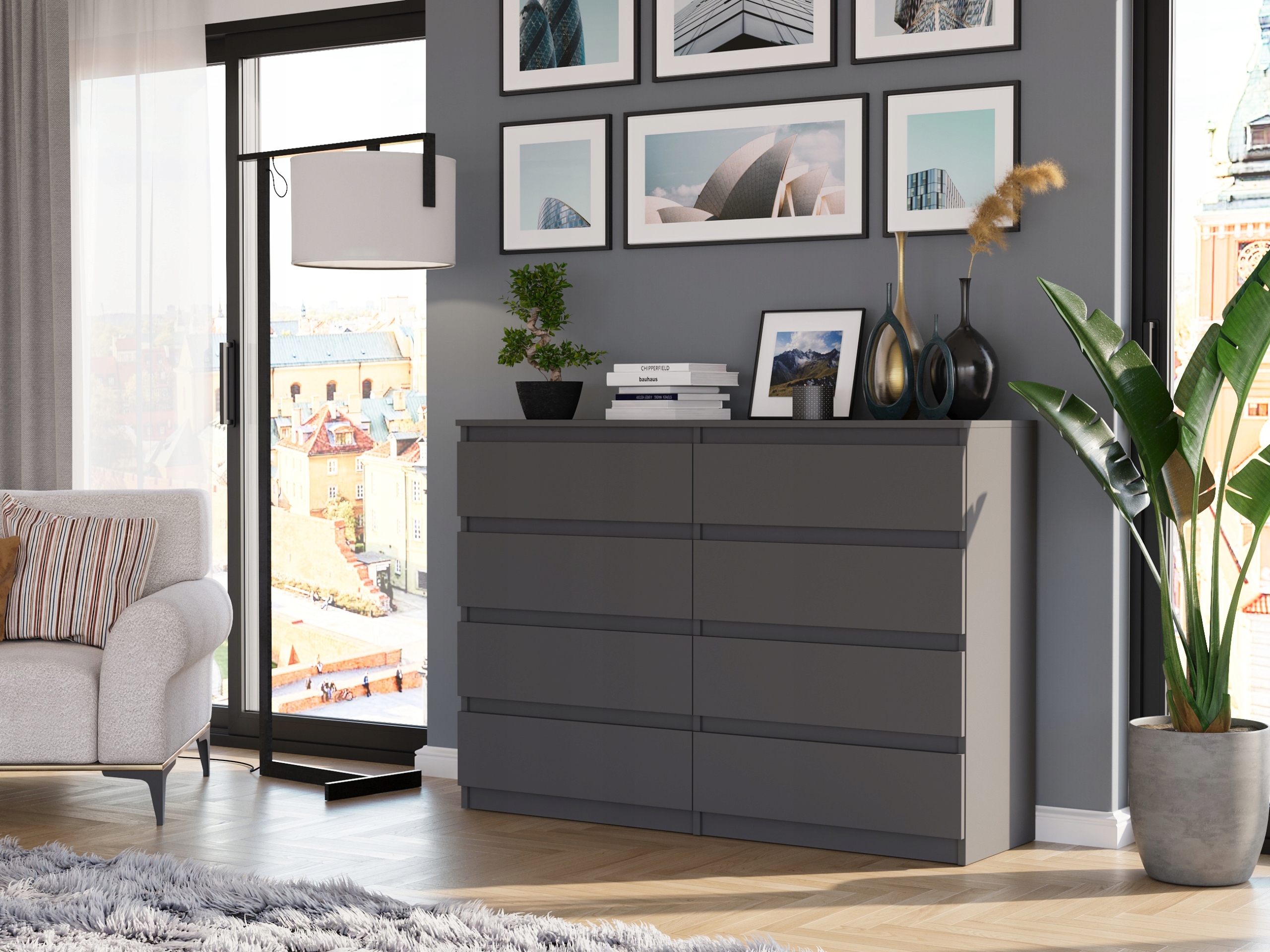 Nowoczesna KOMODA 140CM SZAFKA 8 SZUFLAD PL ANTRACYT R-140-S8