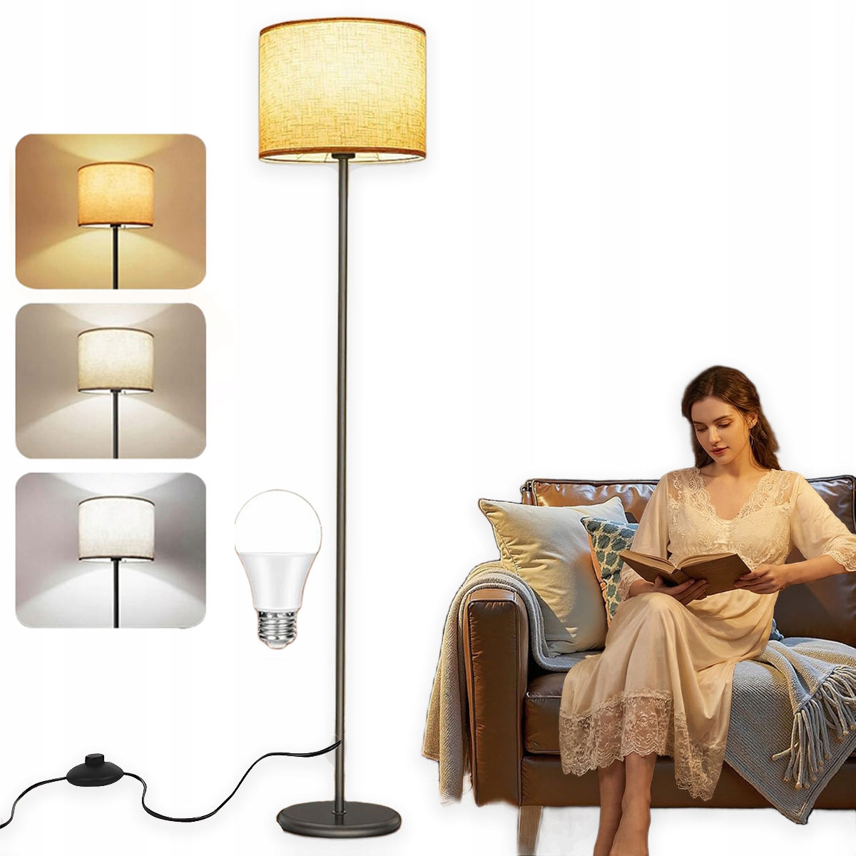 Stojací Lněná Podlahová Lampa Do Obývacího Pokoje, Stínidlo, Severský Styl, 156 CM
