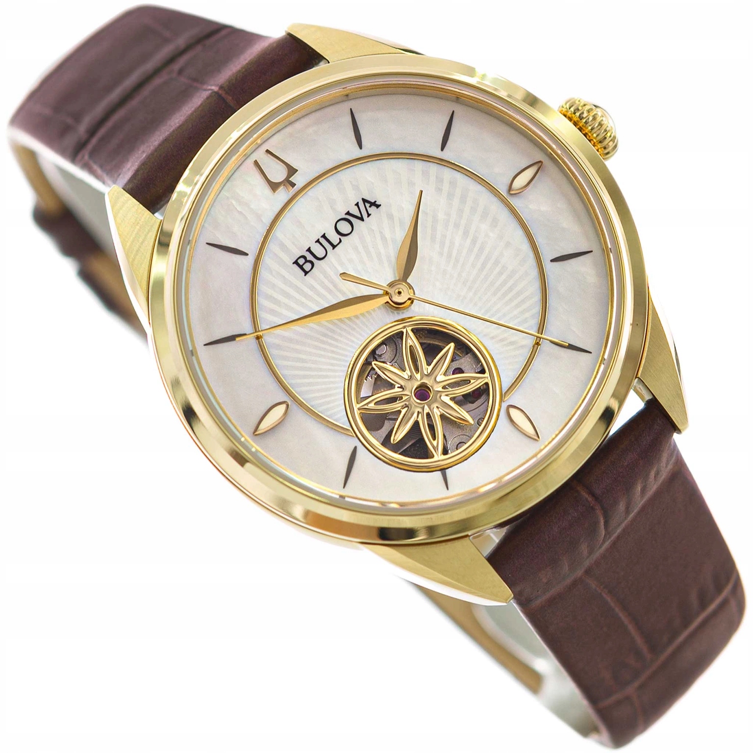 Dámské Hodinky Bulova 97L179 Sutton Hnědé Barvy Na Řemínku S Otevřeným Srdcem