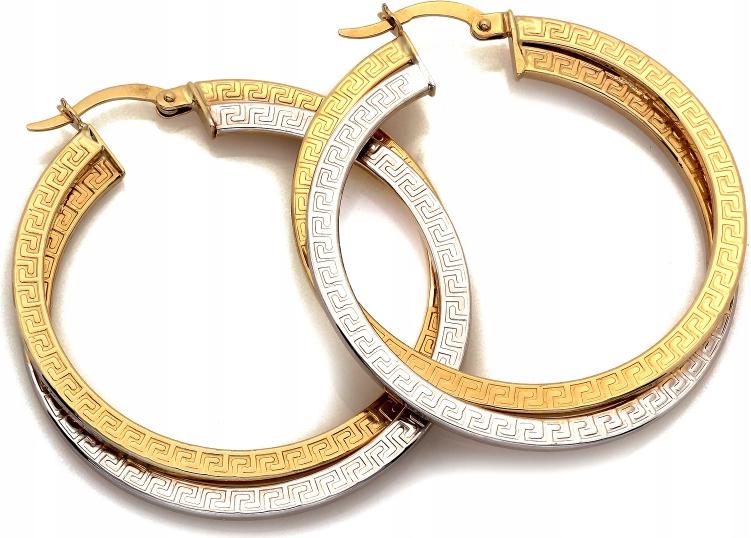 Velké zlaté náušnice 585 dámské dvojité s řeckým vzorem 40 mm 14k, módní