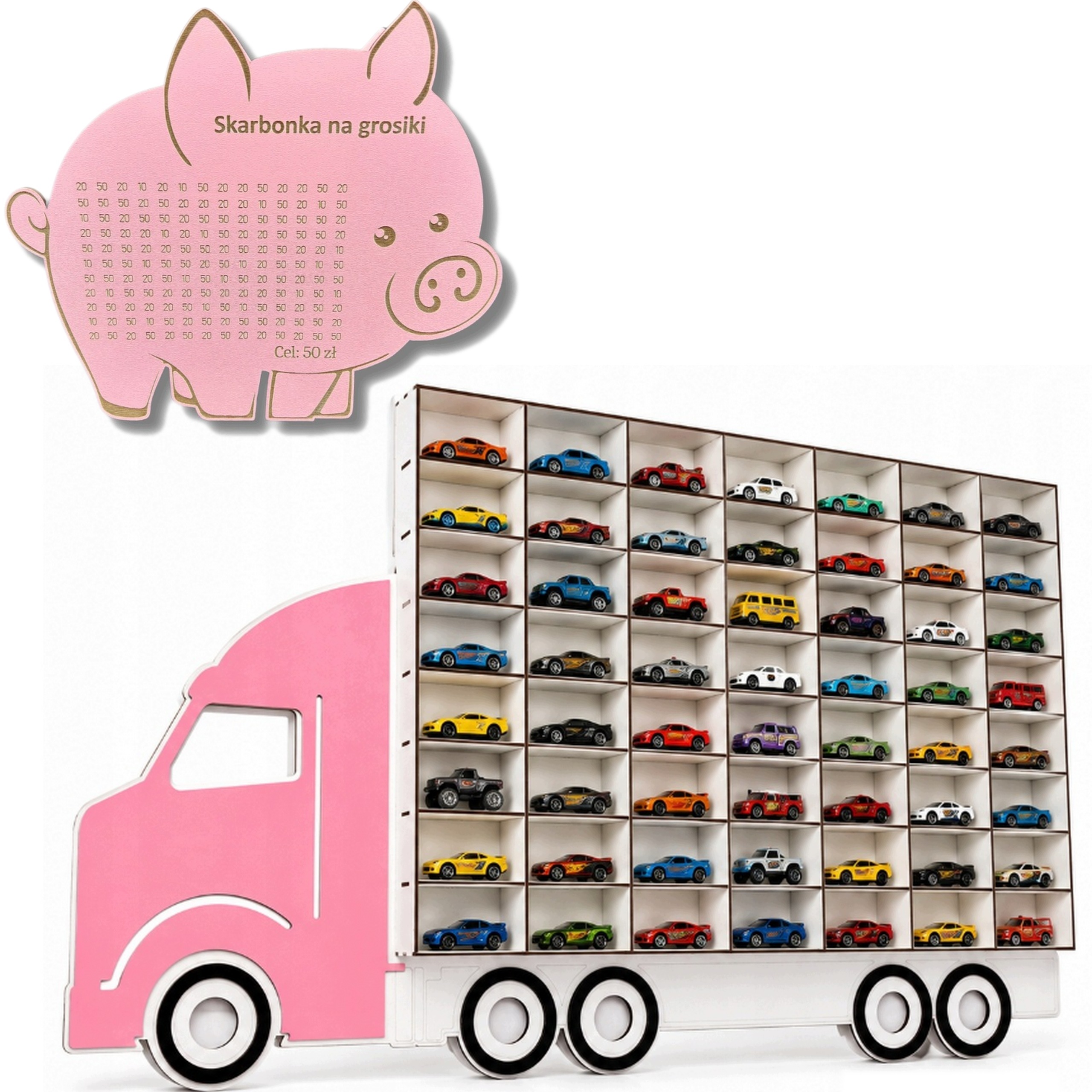 Parking na resoraki autka organizer ścienny+SKARBONKA 90x59 cm różowy Led