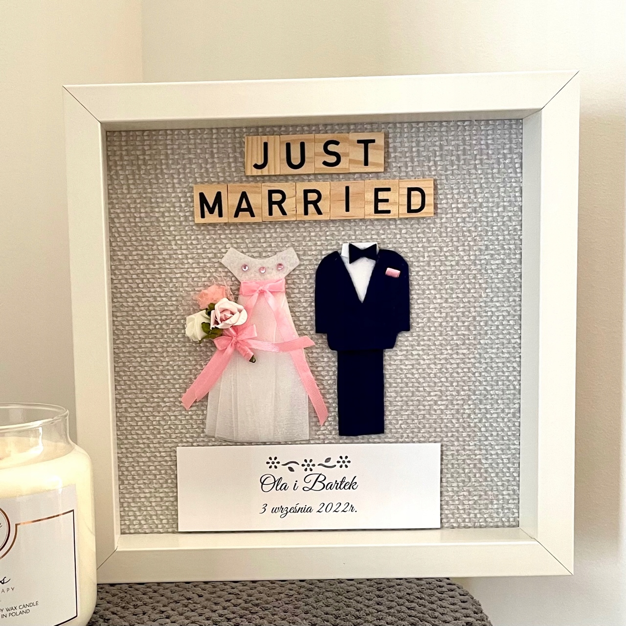 Rámeček personalizovaný Svatební suvenýr telegram pro novomanžele Just Married