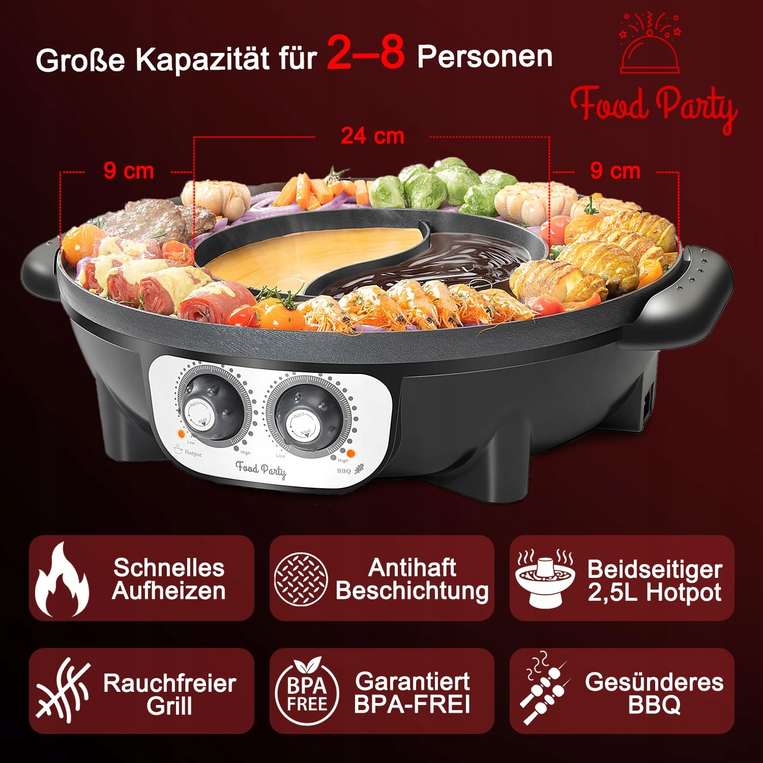 FOOD PARTY Elektryczny Garnek Grill 2w1 BBQ Fondue Raclette XXL 8 Osób — miniatura 2