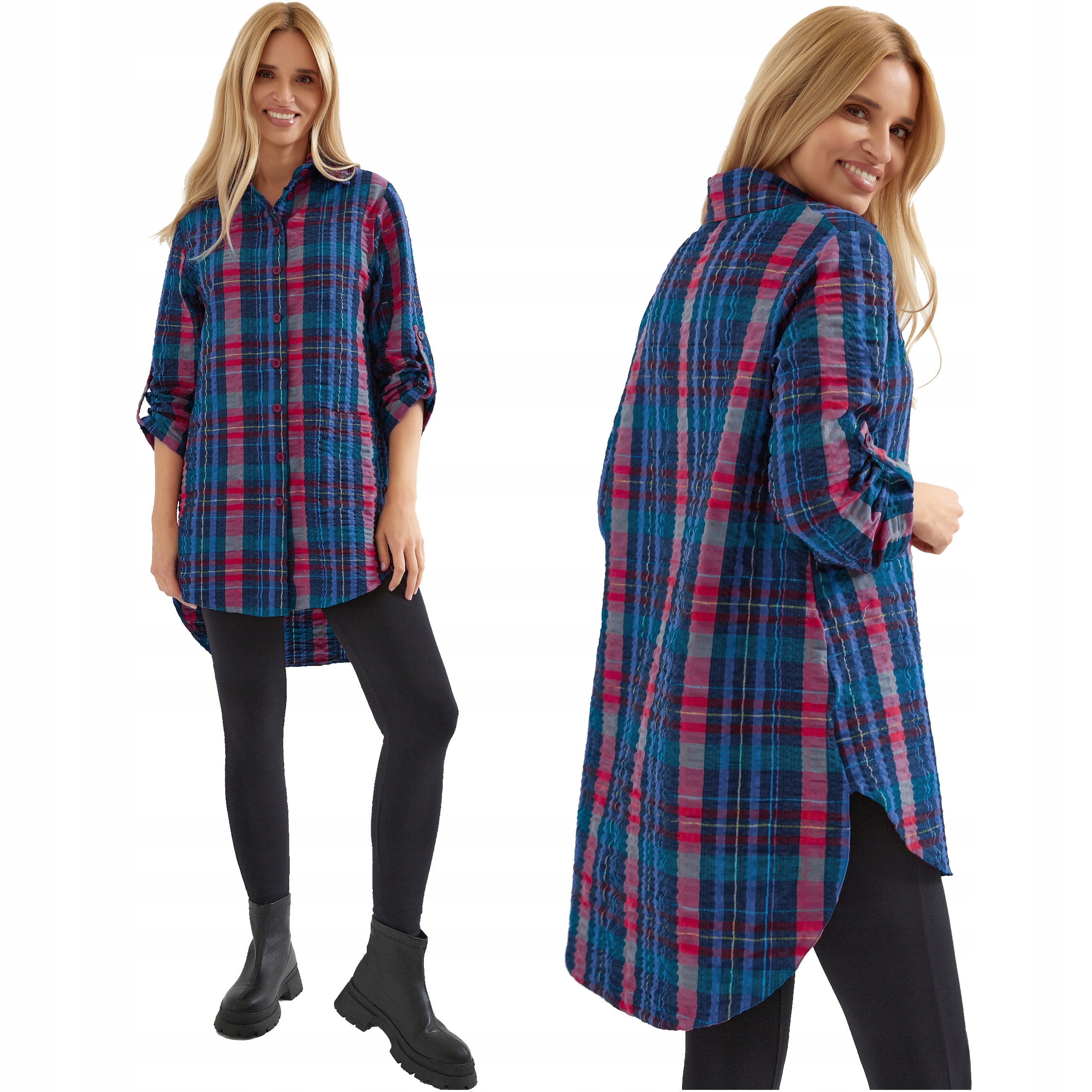 Dámská košile s bavlněnou mřížkou Dlouhá tunika s mřížkou Volná Oversize