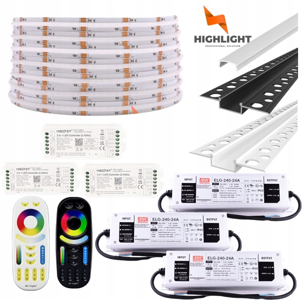 40 m Sada Fasádová Led páska Cob Rgb+cct 16W 24V IP65 +Profil Biela/Čierna