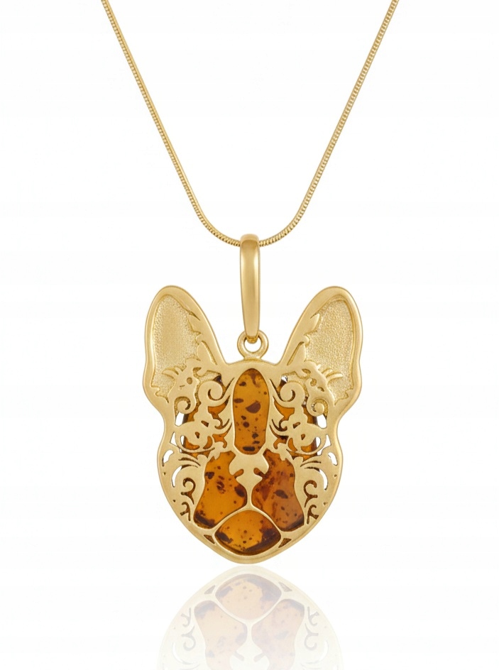 Stříbrno Pozlacený Přívěsek S Jantarem Pro Psa Francouzský Buldoček