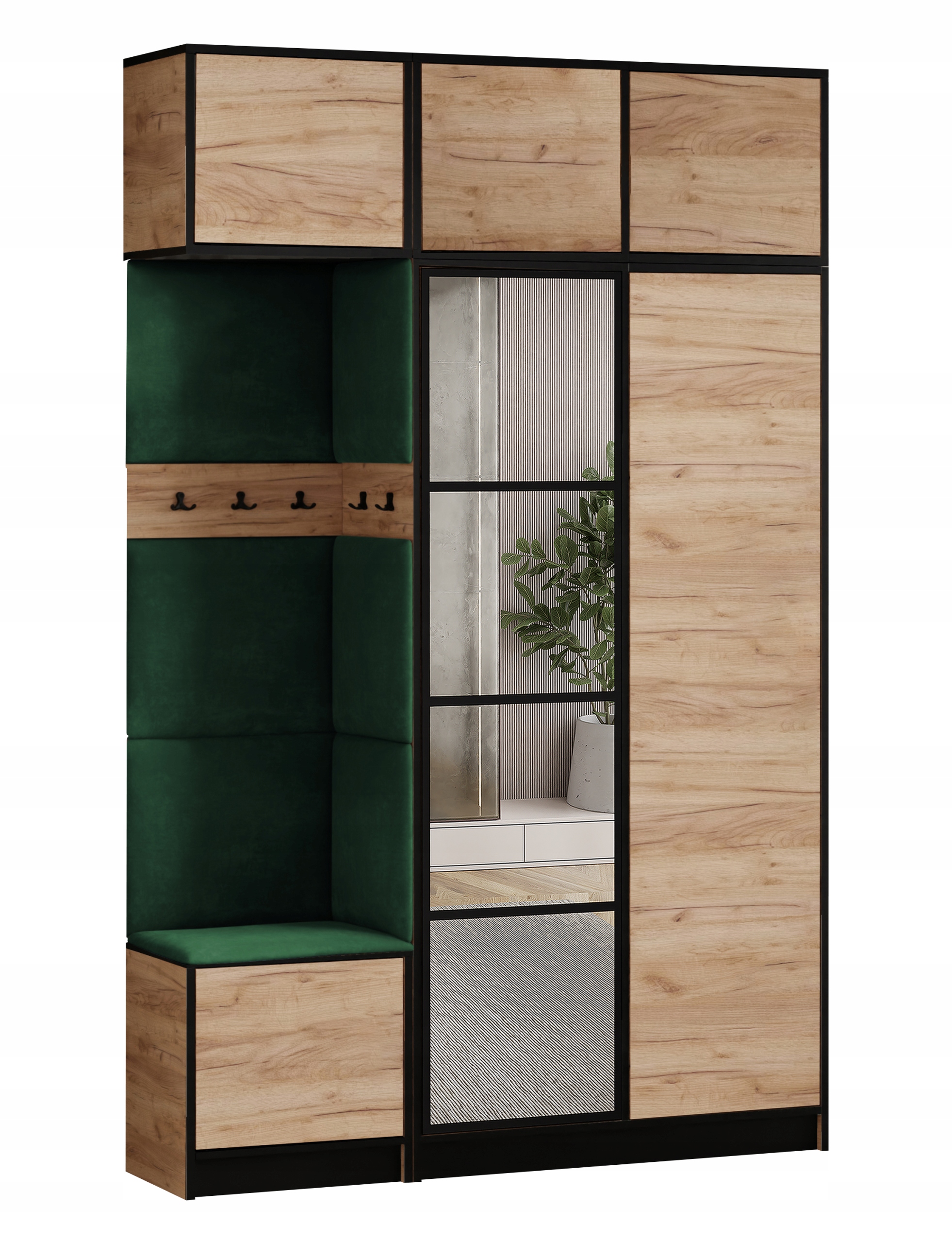 Šatní skříň Costa 13 dub craft zelená tkanina, sedák s nástavcem