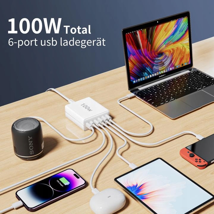FINIBO Ładowarka USB C 100W 6-Port Szybkie Ładowanie Dla iPad i Smartfonów — miniatura 3