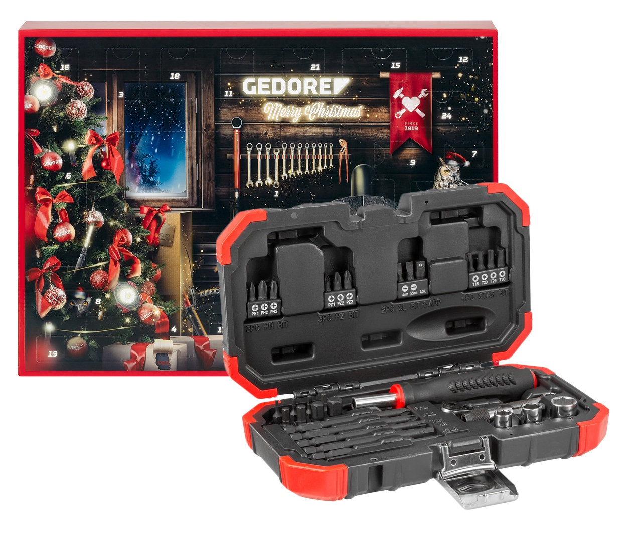 Adventný kalendár Gedore nástroje magnetický skrutkovač hrkálka bity