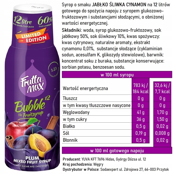 Zestaw 3 syropów do saturatora FruttaMax JABŁKO ŚLIWKA CYNAMON Kod producenta PLUM x3