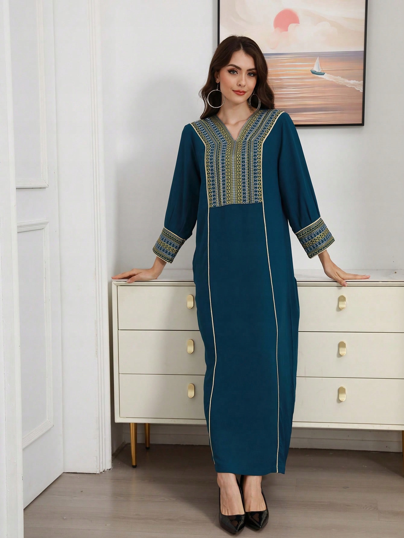 Šaty V Arabském Stylu Maxi, Vyšívané, Zdobené 3/4 Rukávem Asbb M 38