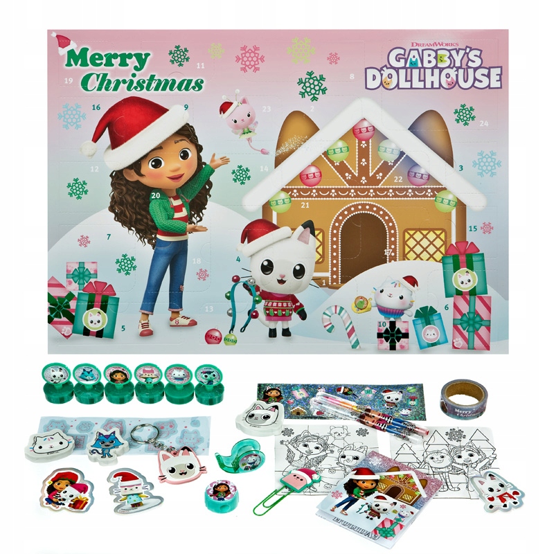 Адвент-календарь Gabby's Dollhouse, 24 сюрприза: мини-фигурки, штампы, пазлы, наклейки — фото 2