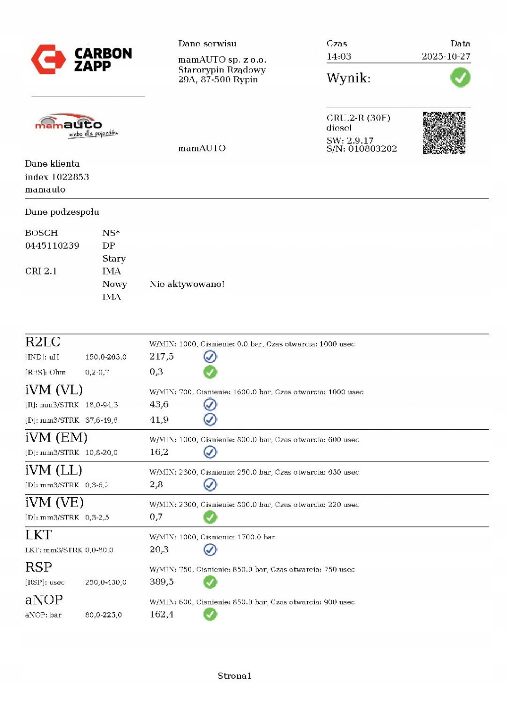 nozzle injector test 0445110239 CITROEN JUMPY 2 II 1.6 HDI 90 KM 07-16