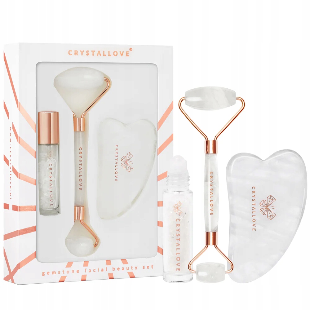 Crystallove Clear quartz beauty set roller na obličej destička gua sha b