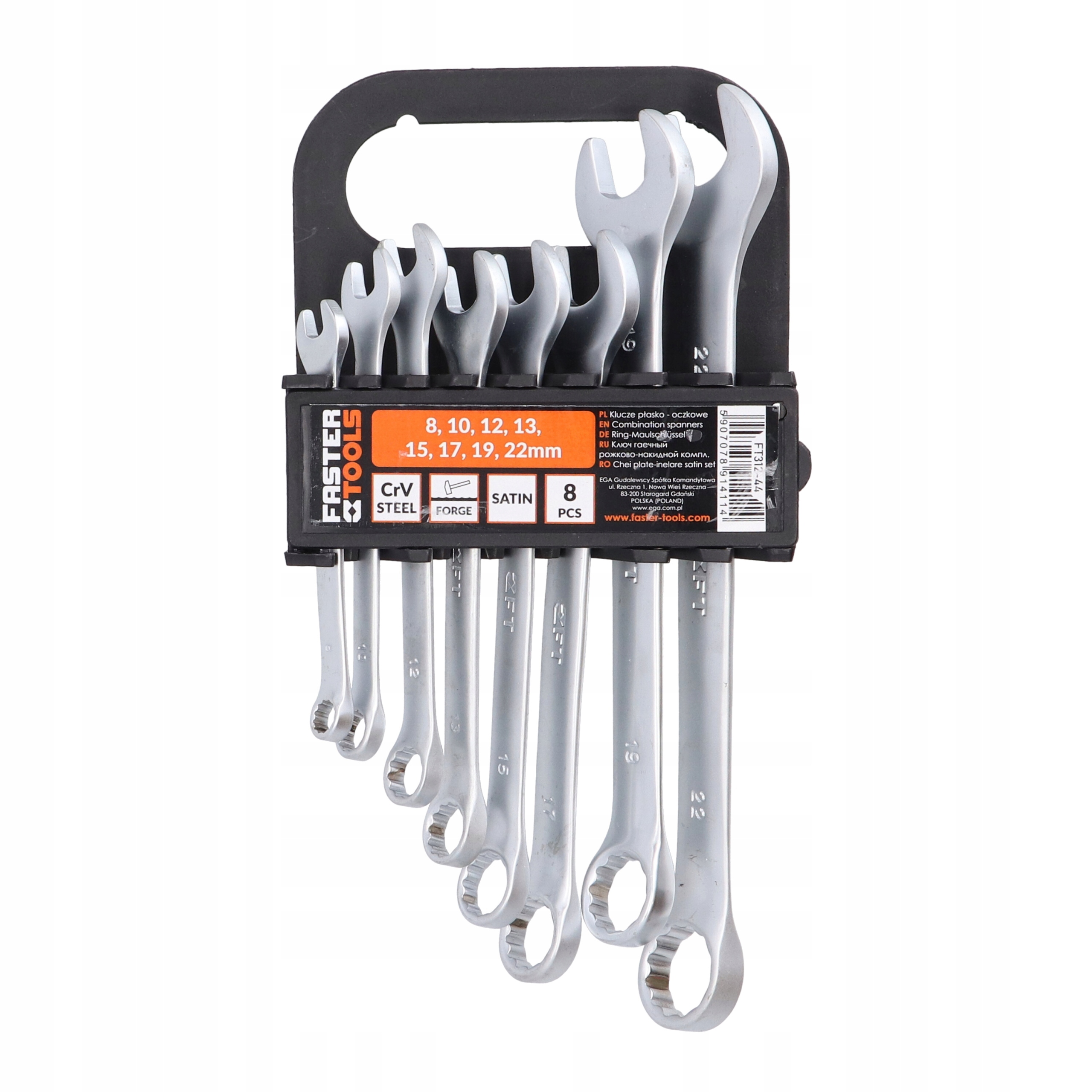 Faster Tools klucze płasko-oczkowe satyna 8cz. 8-22mm
