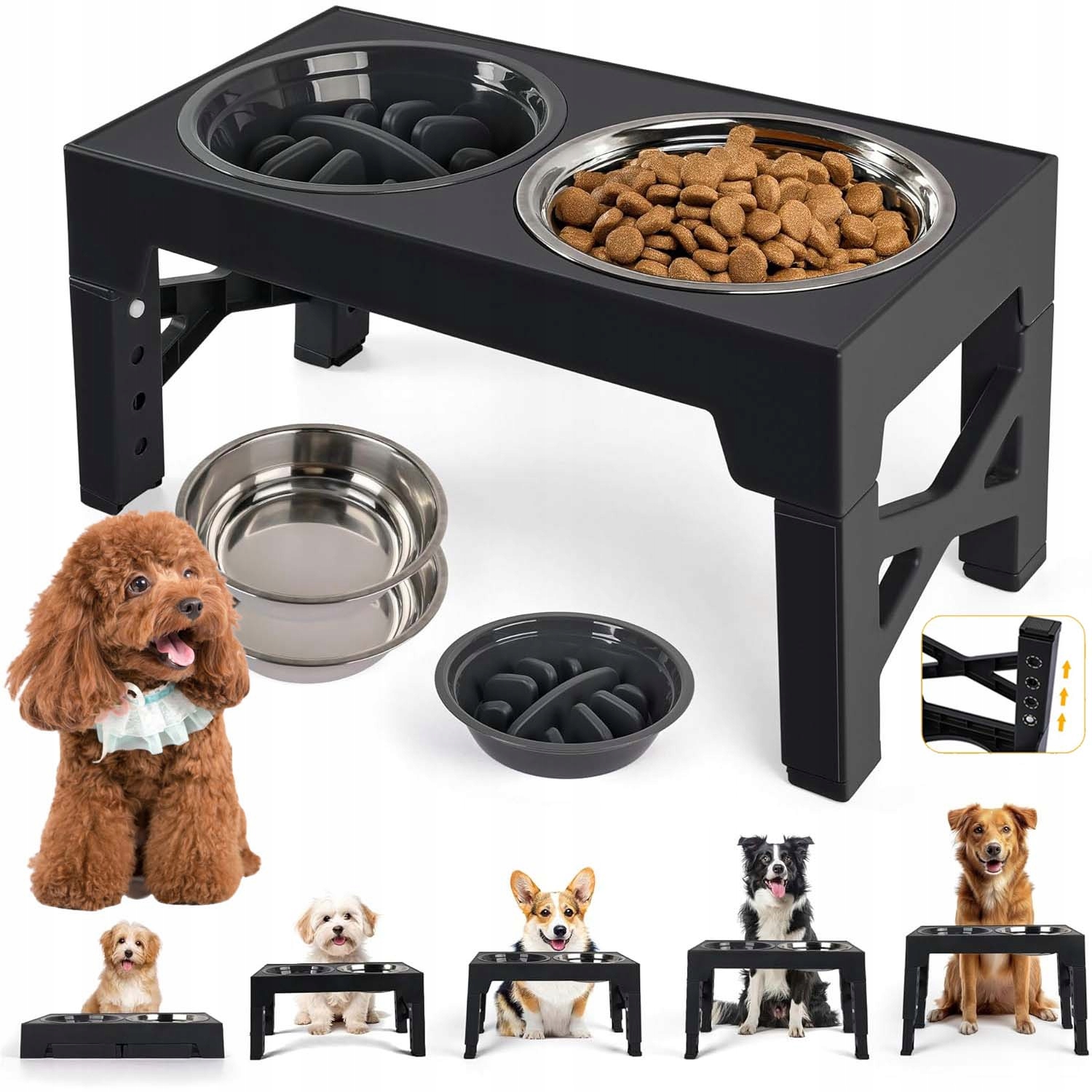 Levně Dvojitá Miska S Nastavitelnou Výškou Pro Psa Na Stojanu, Stojan, Miska Černá