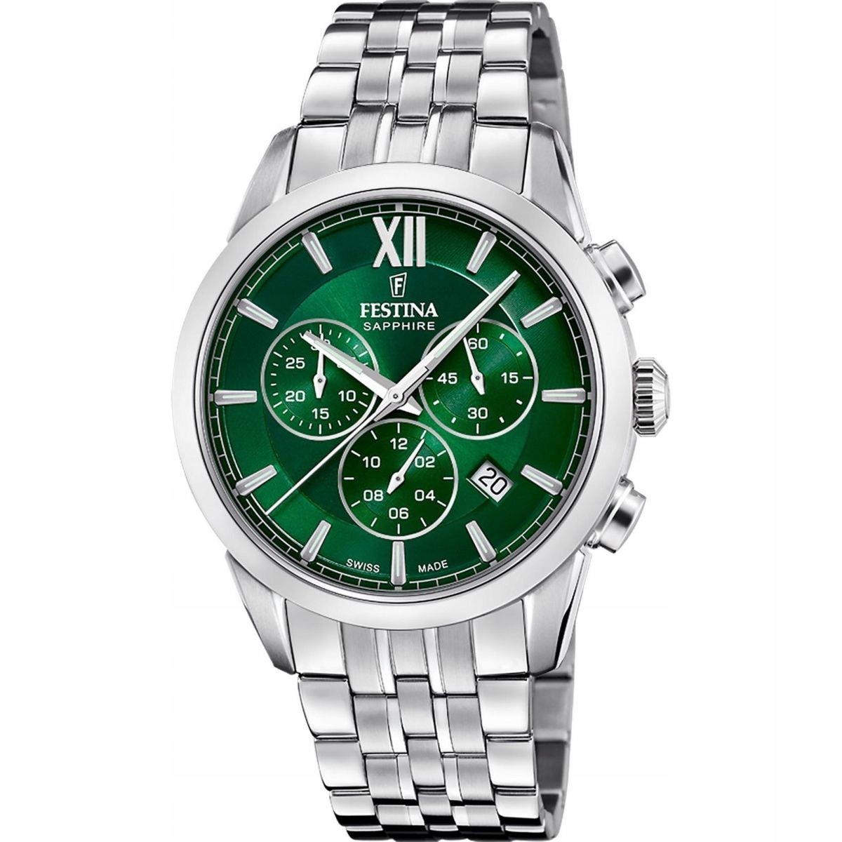 Festina Swiss Made pánské hodinky na náramku zelené barvy se stopkami 20040/3