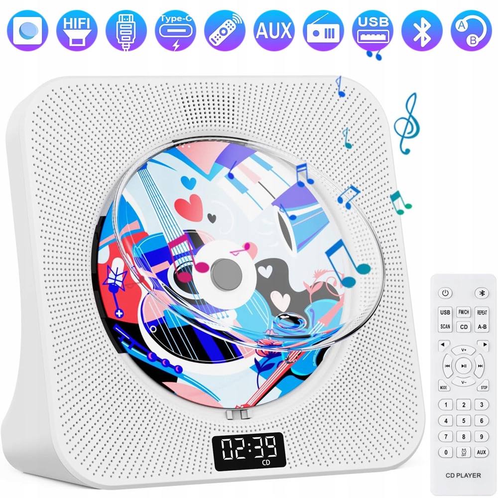 Přenosný Přehrávač CD Reproduktor Bluetooth 5.0 Rádio Aux Fm Hifi Usb LCD