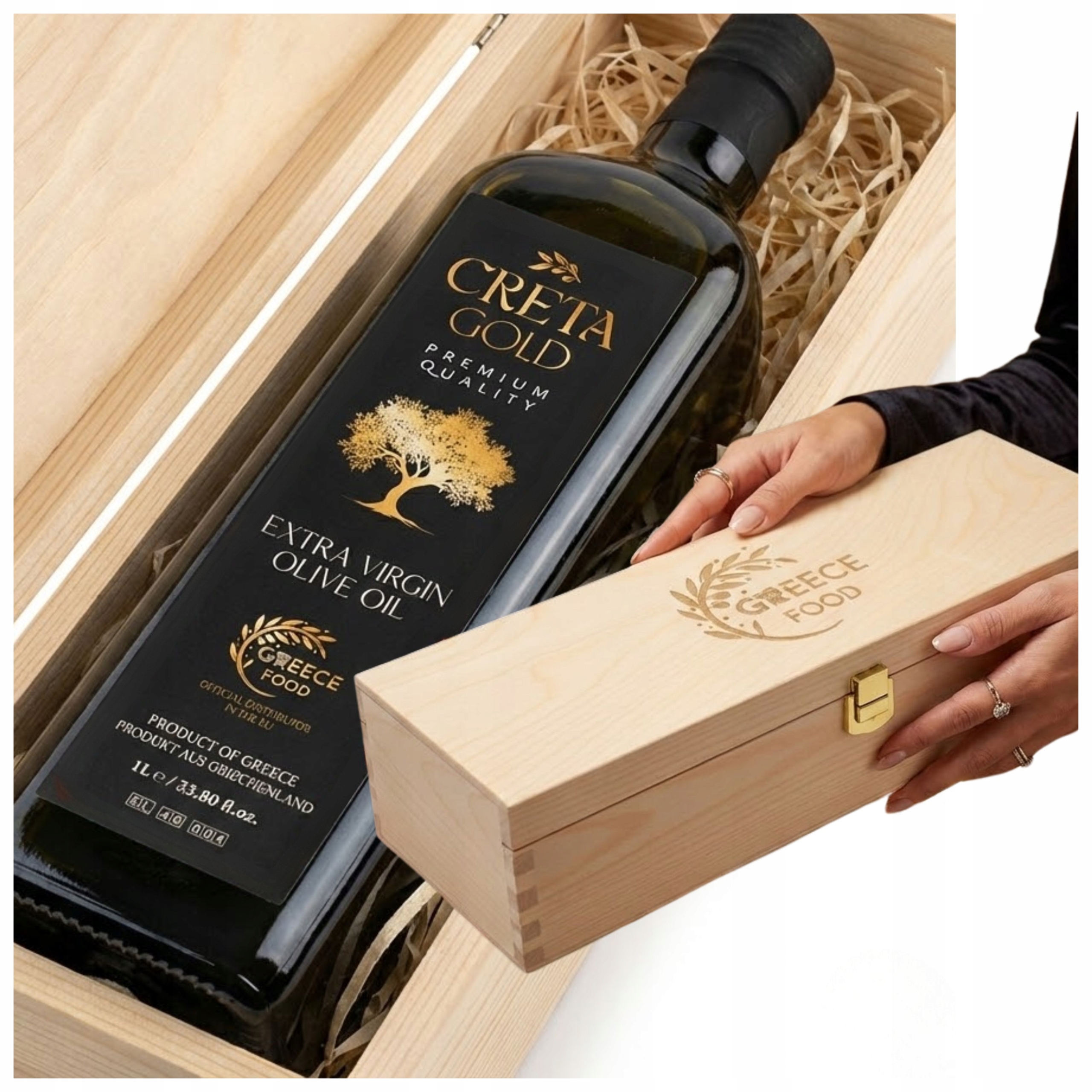 Levně Extra Panenský Olivový Olej 1 L Řecká Creta Gold Dřevěná Krabička Dárek