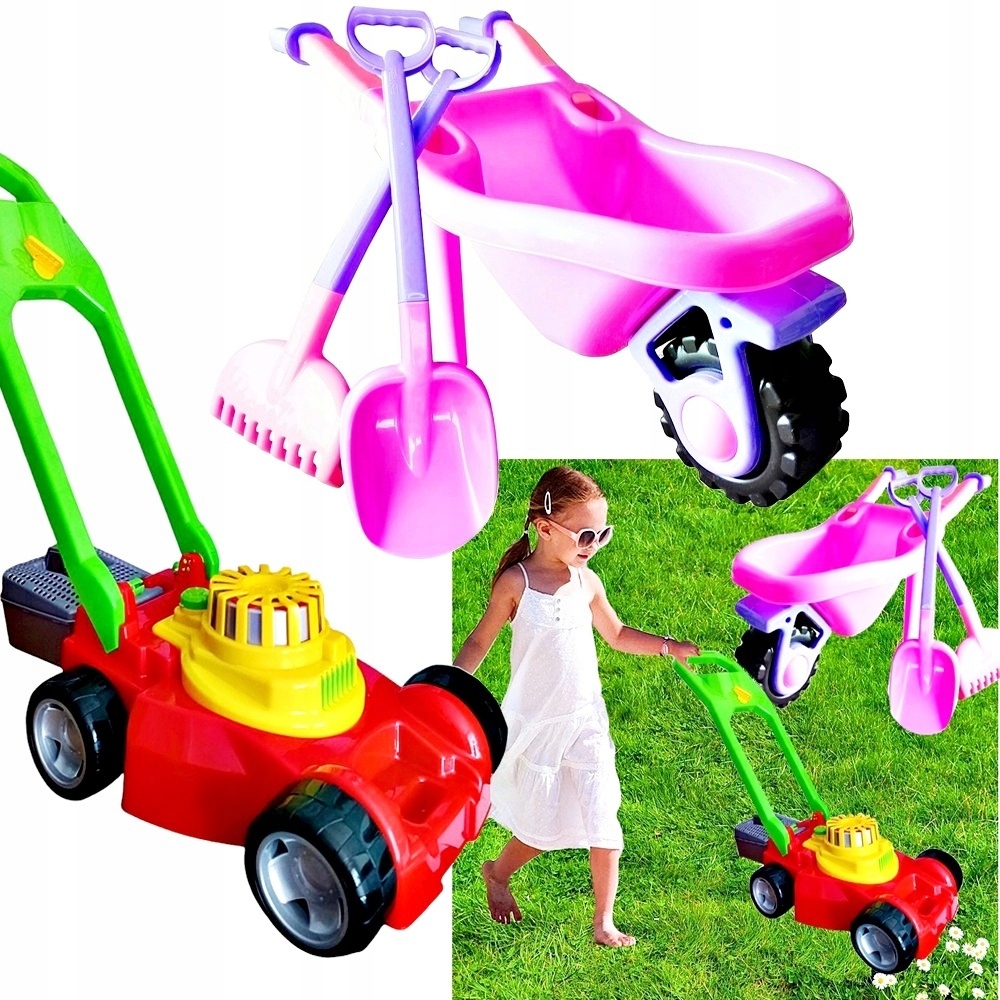 DUŻA RÓŻOWA TACZKA + GRABIE ŁOPATA + DUŻA KOSIARKA Z KOSZEM TDZ