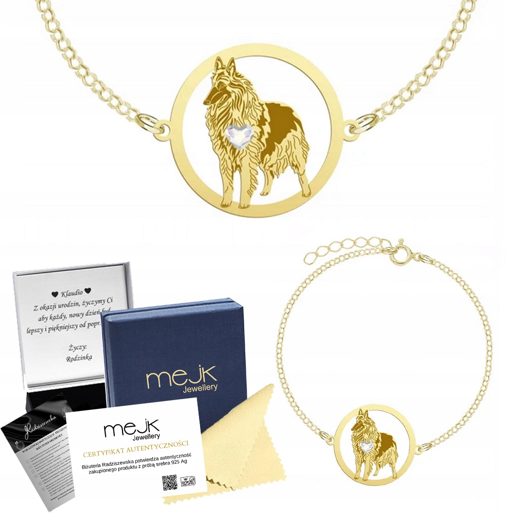 Zlatý náramek se psem Ovčáček Tervueren 925 Dárek Žena Gravírování