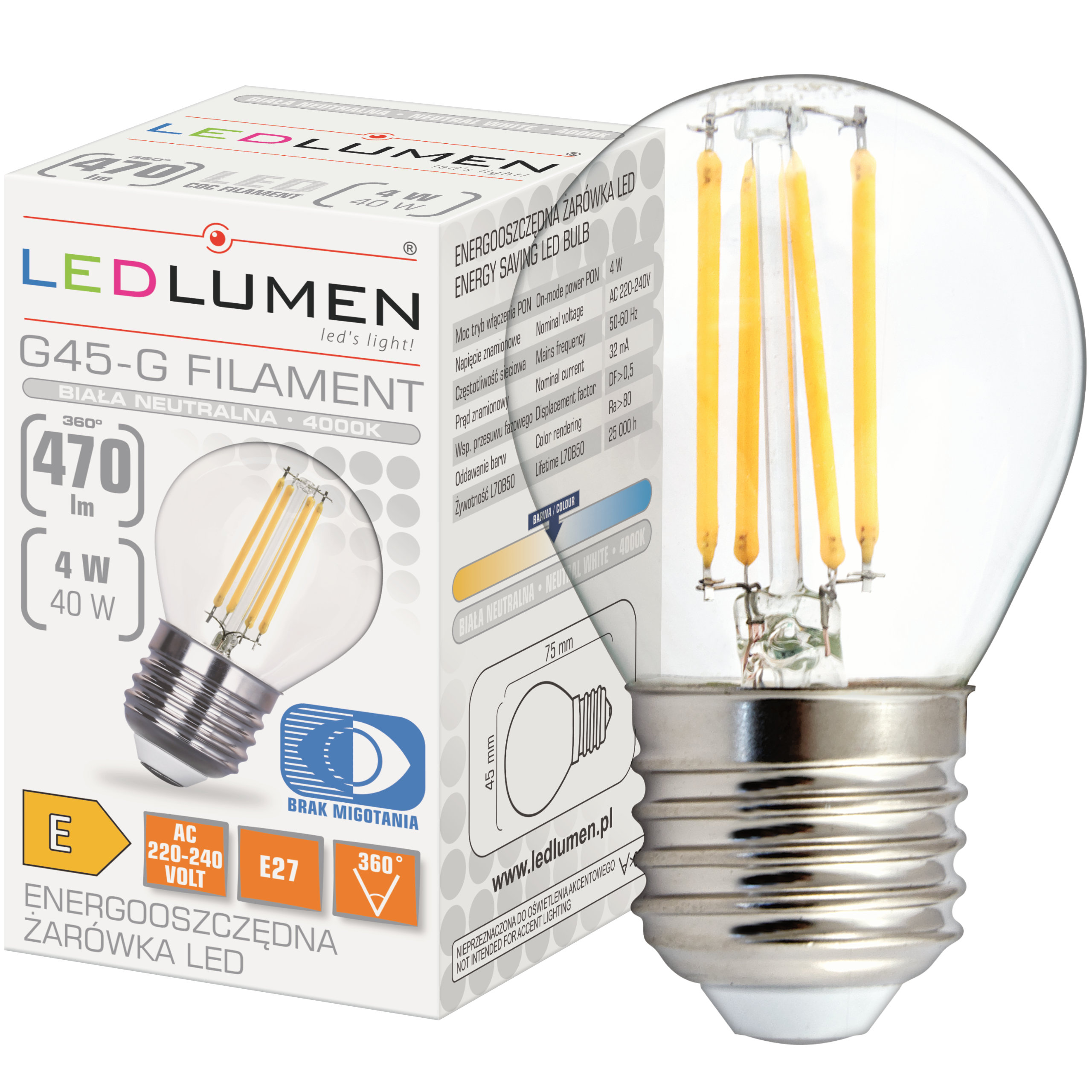 

Żarówka Led E27 Kulka 4W=40W Filament Neutralna