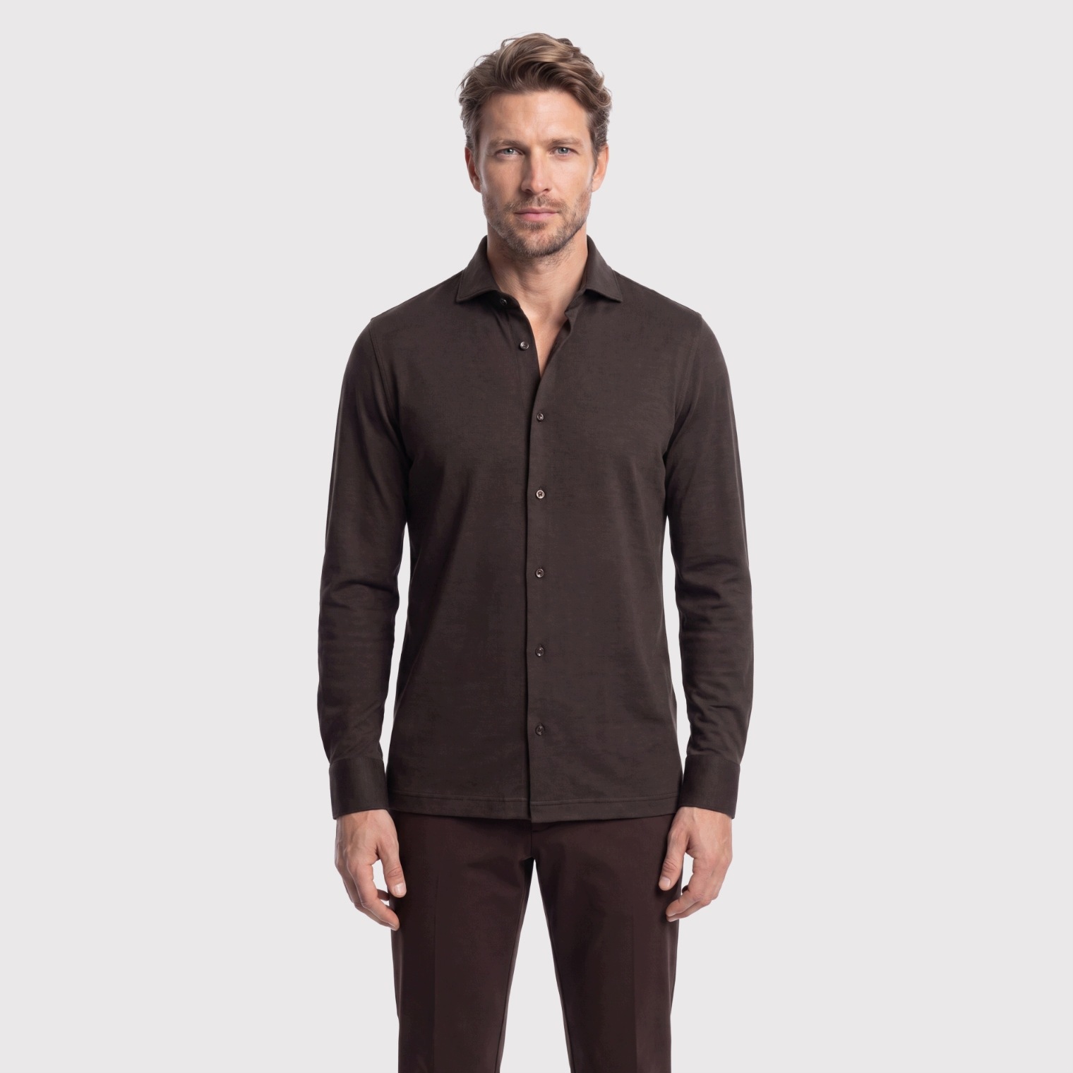 Brązowa dzianinowa koszula męska Slim Fit Easy care Pako Lorente roz. 3XL