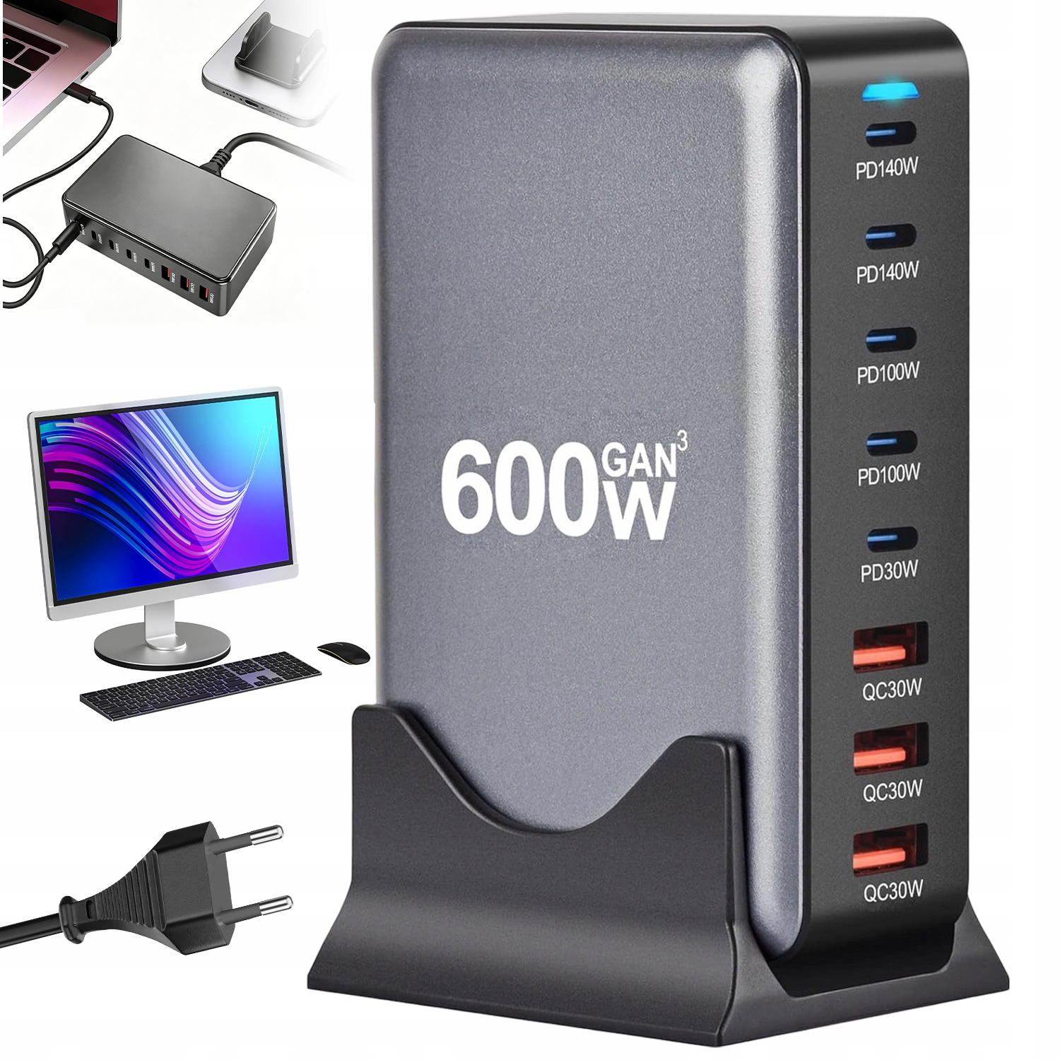 600W Nabíječka GAN3 S 5 Typy C A 3 Usb A Šedými Porty, Rychlé Nabíjení