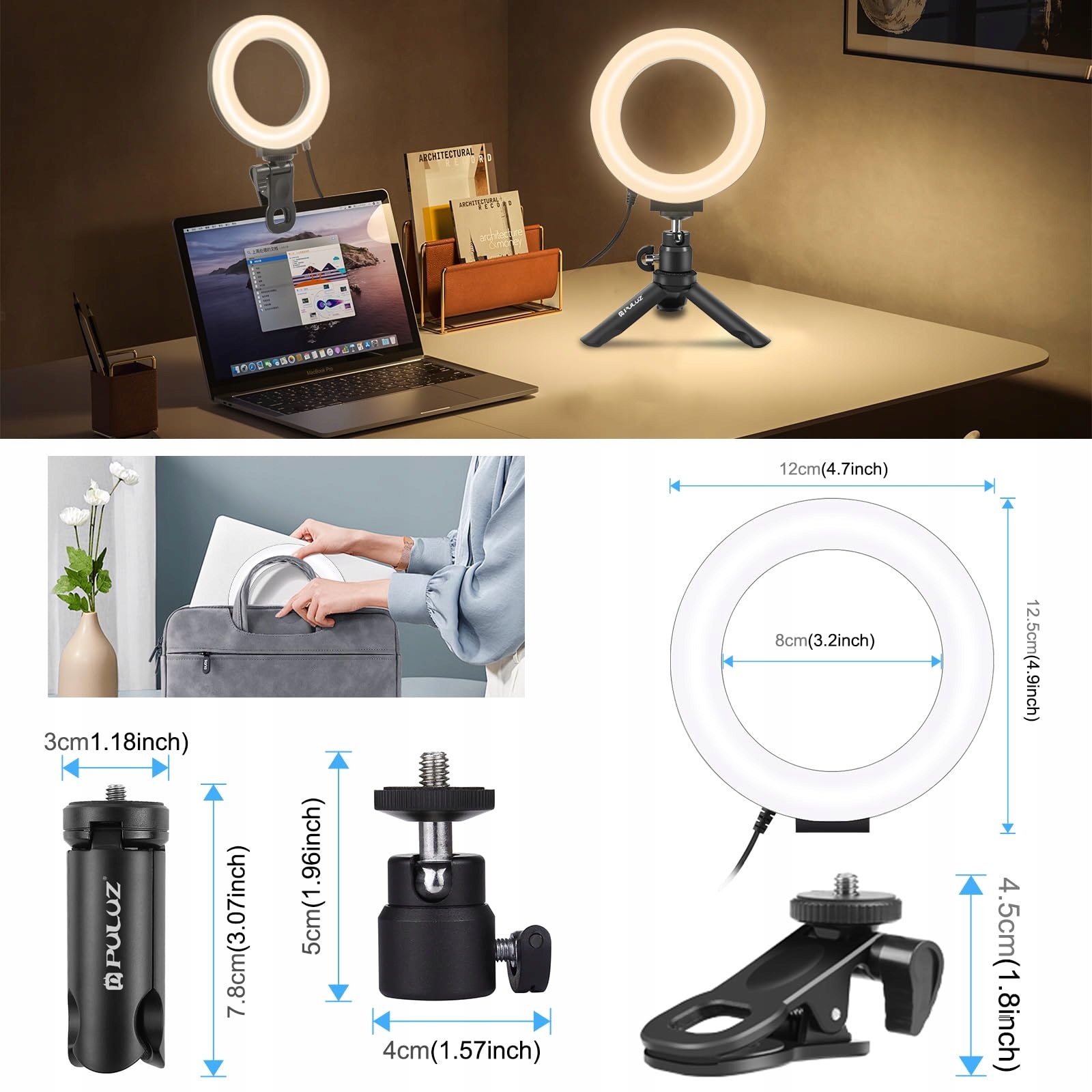 PULUZ Lampa Pierścieniowa 5 Cali Z Klipsem I Statywem Do Wideokonferencji — miniatura 4