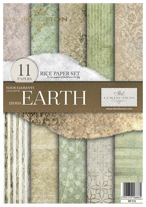 Sada 11 rýžových papírů A4 pro decoupage RP010 Four Elements: Earth